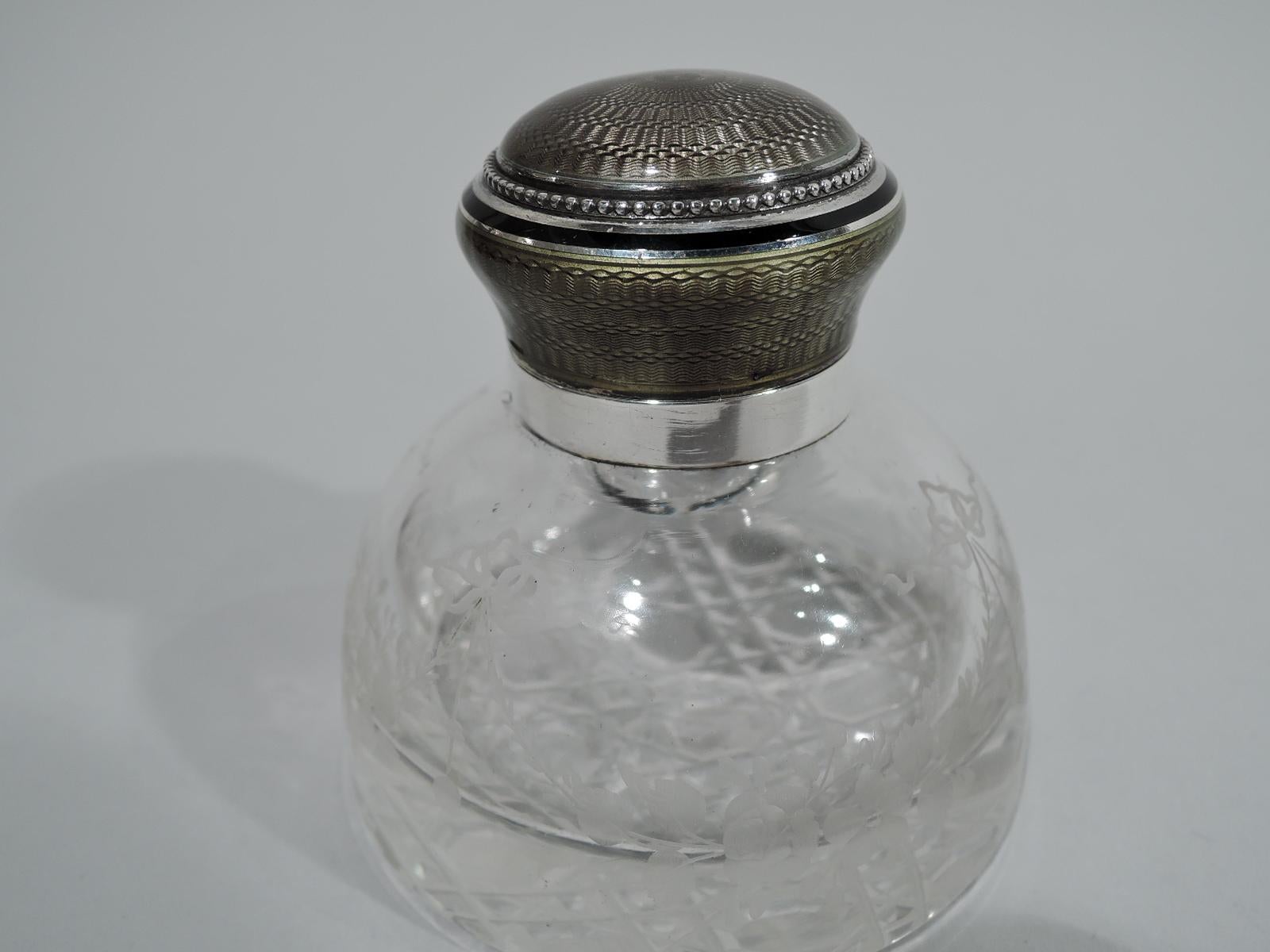 Art Nouveau inkwell. Made by Emile Langlois in Paris, ca 1920. Hemispheric clear glass bowl with garland acid-etched to sides and diaper cut to underside. Neck collar 950 silver as is hinged domed cover, which has guilloche enamel concentric rings
