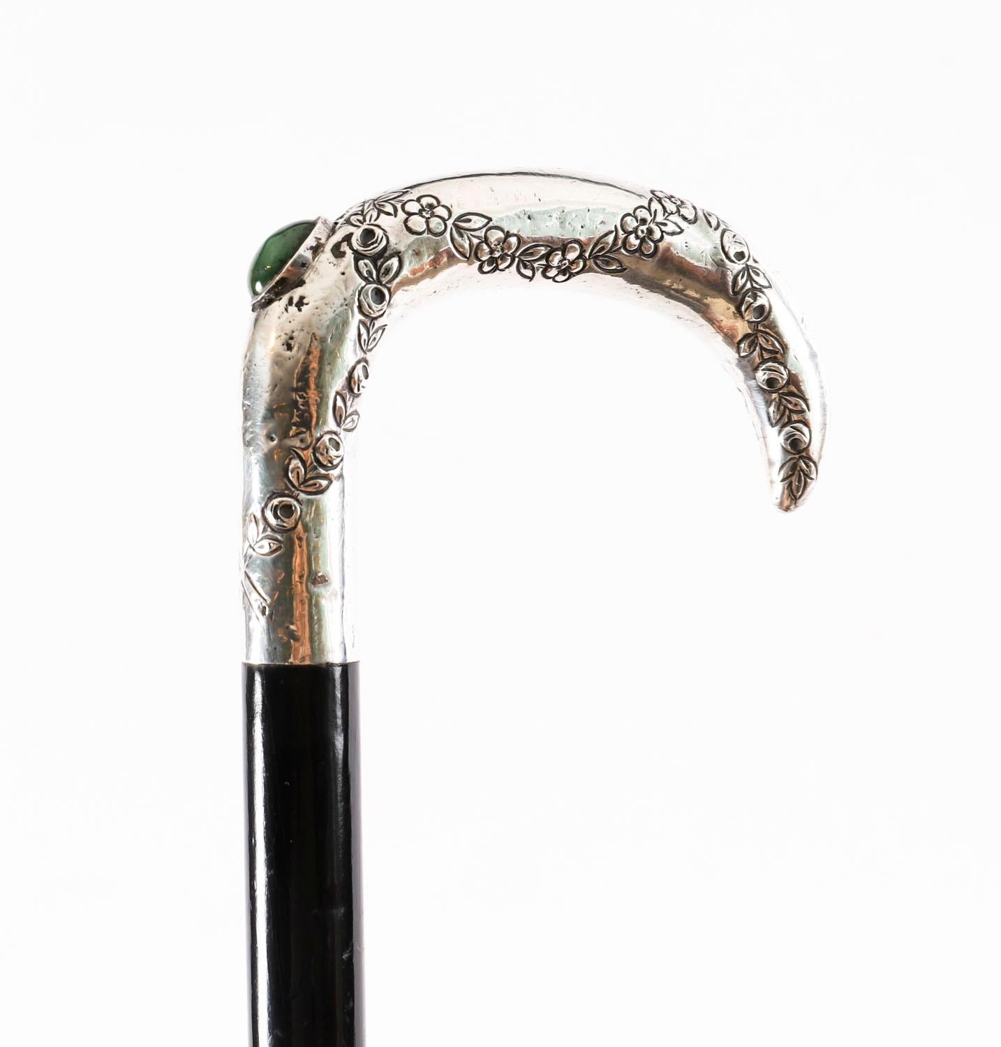 Embossed Antique French Art Nouveau Silver Handled Walking Stick 19th Century For Sale