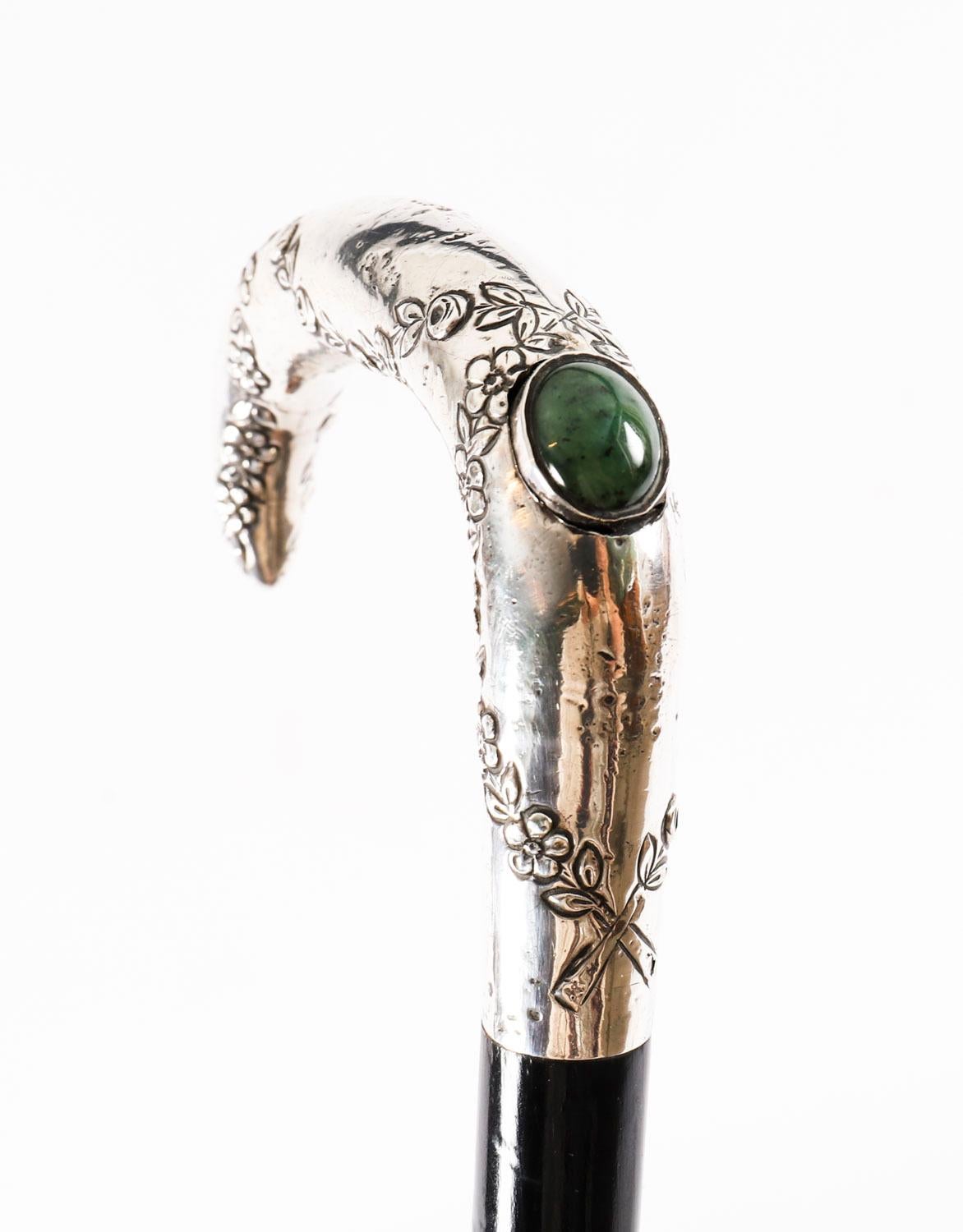Antique French Art Nouveau Silver Handled Walking Stick 19th Century For Sale 1