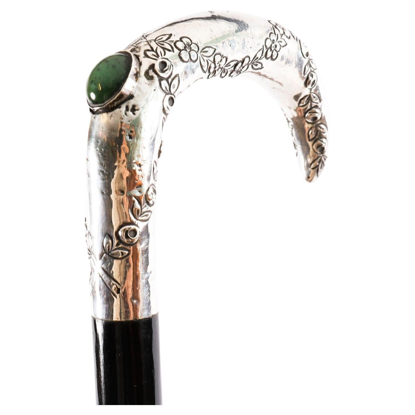 Antique French Art Nouveau Silver Handled Walking Stick 19th Century For Sale