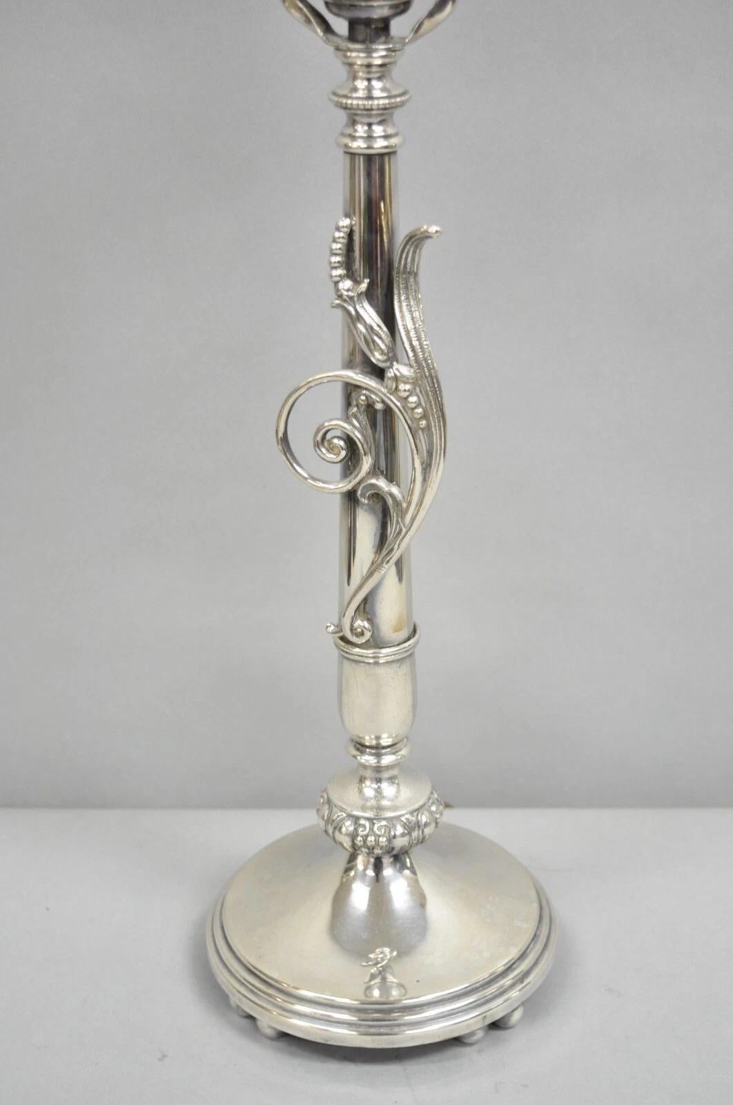 Antique French Art Nouveau Silver Plated Scrollwork Column Small Table Lamp For Sale 6