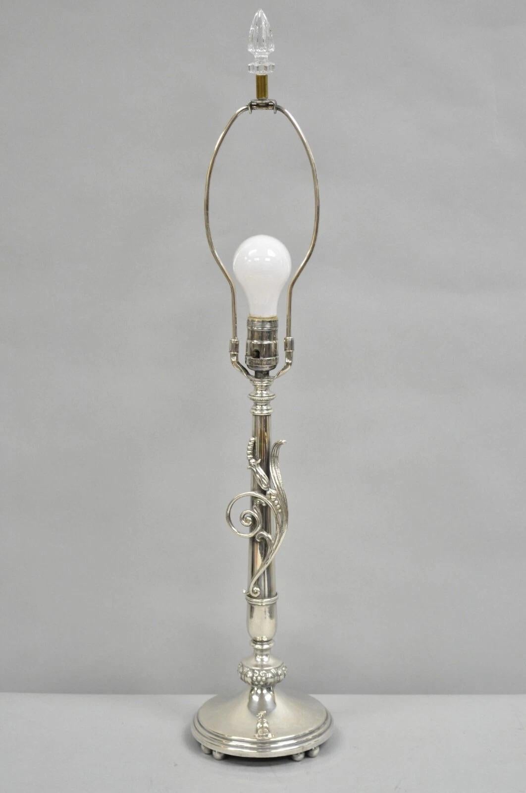 Antique French Art Nouveau Silver Plated Scrollwork Column Small Table Lamp For Sale 7