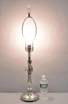 Antique French Art Nouveau Silver Plated Scrollwork Column Small Table Lamp