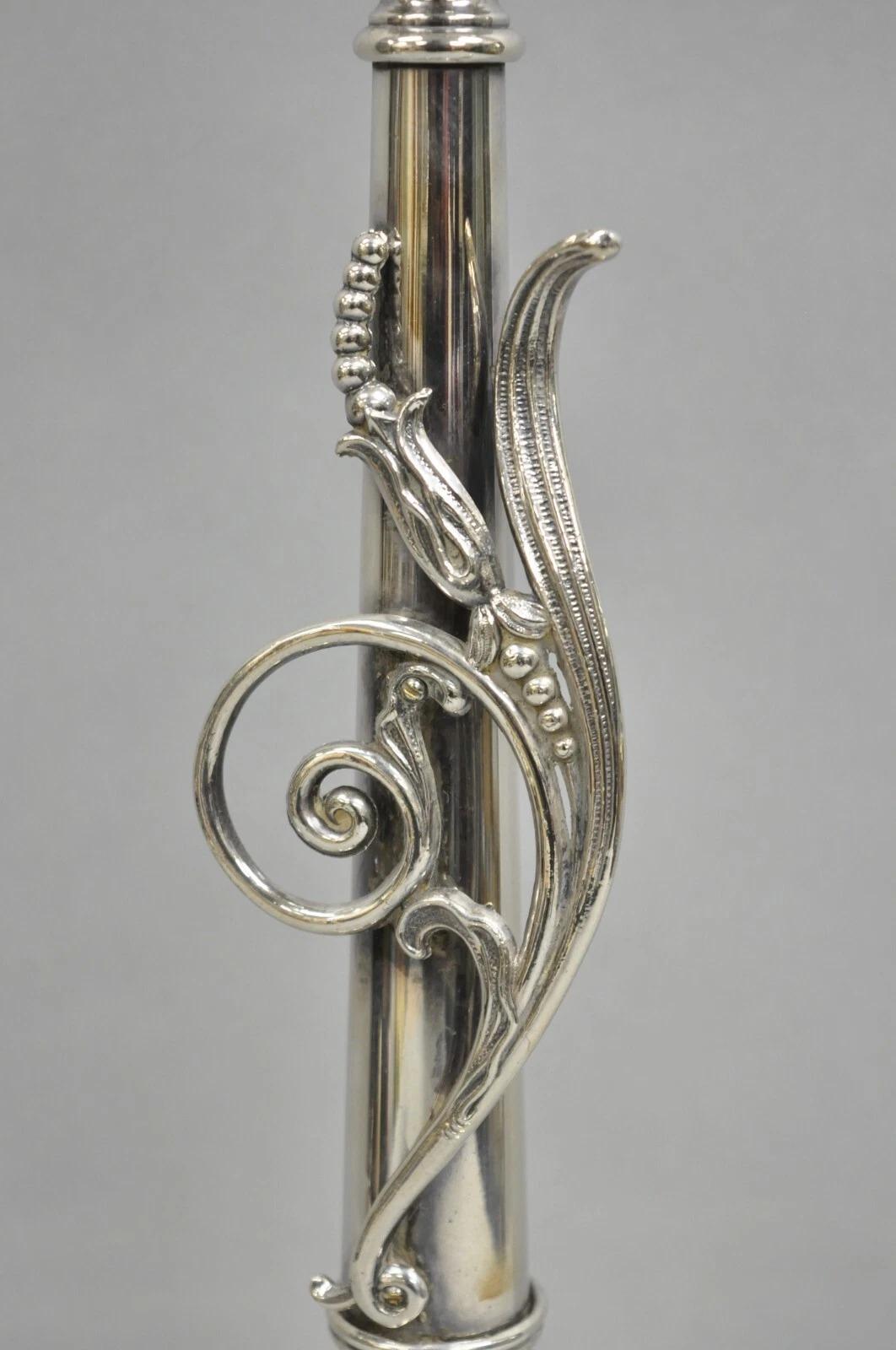 Unknown Antique French Art Nouveau Silver Plated Scrollwork Column Small Table Lamp For Sale