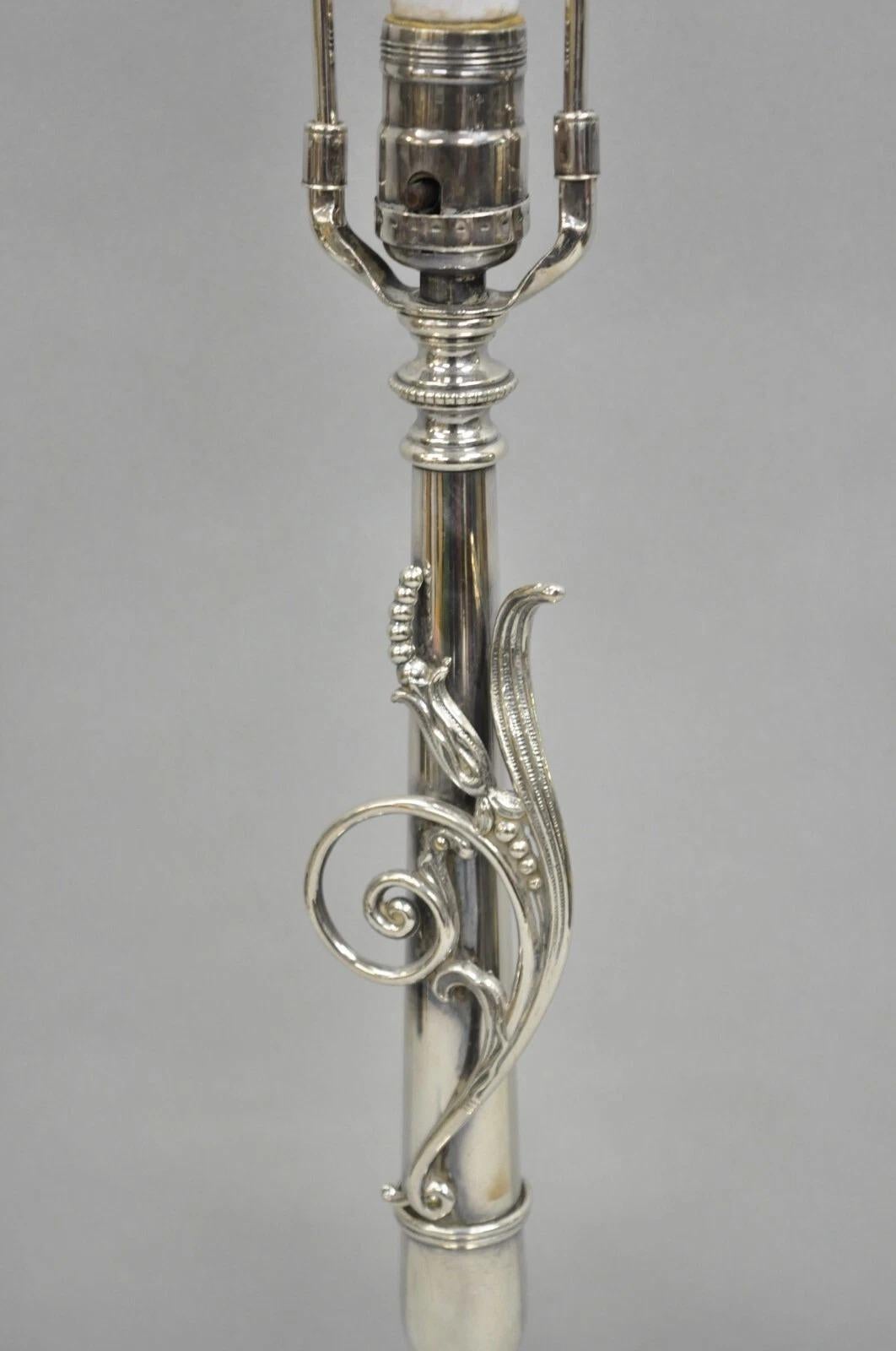 Antique French Art Nouveau Silver Plated Scrollwork Column Small Table Lamp In Good Condition For Sale In Philadelphia, PA