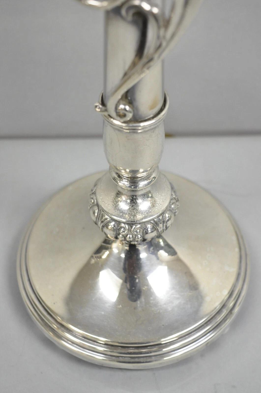 Antique French Art Nouveau Silver Plated Scrollwork Column Small Table Lamp For Sale 2