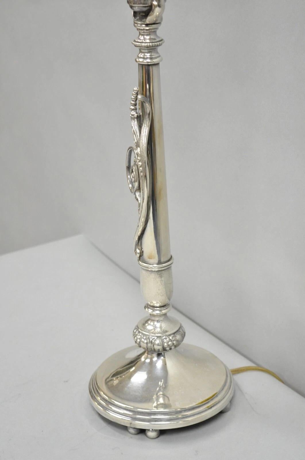 Antique French Art Nouveau Silver Plated Scrollwork Column Small Table Lamp For Sale 3