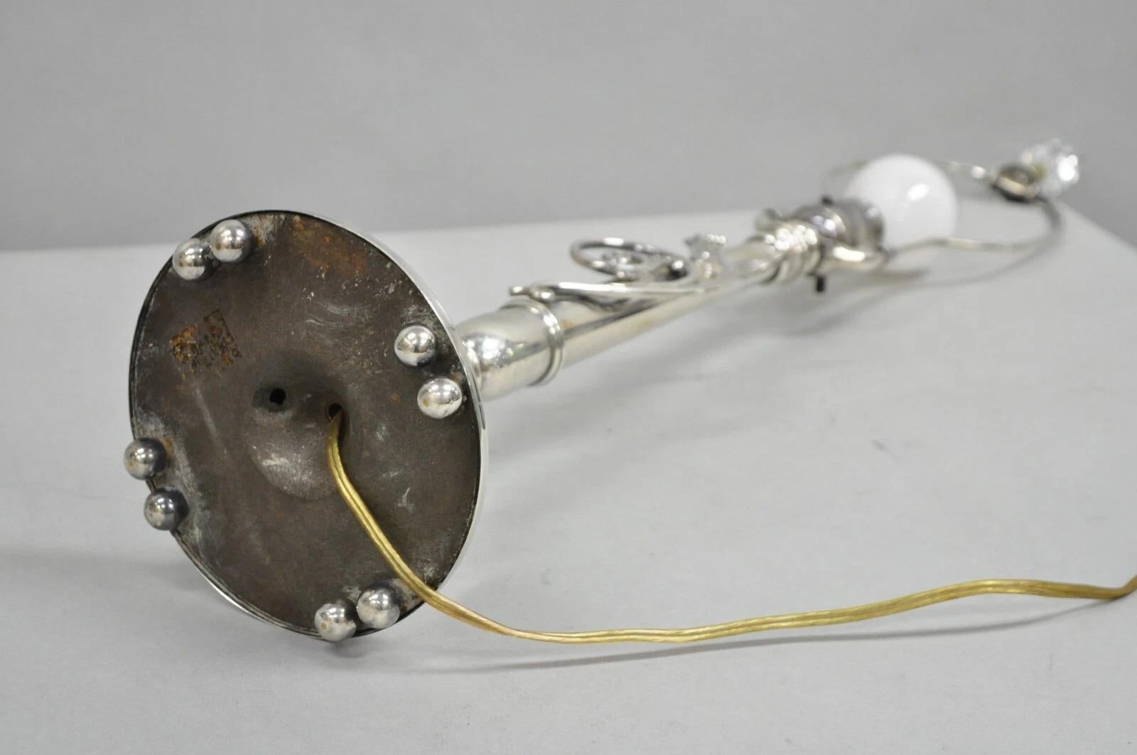 Antique French Art Nouveau Silver Plated Scrollwork Column Small Table Lamp For Sale 4