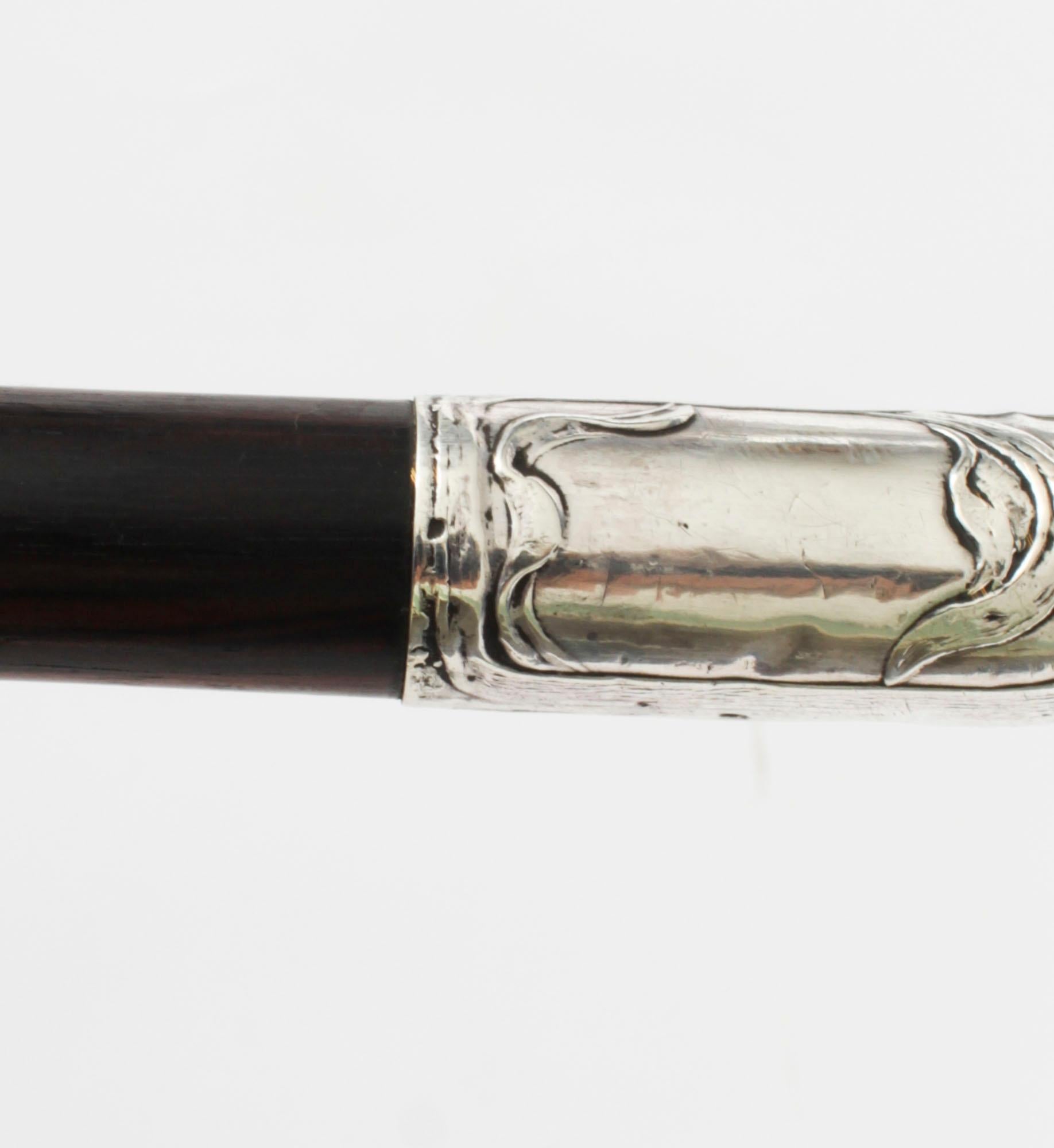 Argent Ancienne canne de marche Art Nouveau française surmontée d'argent 19ème siècle