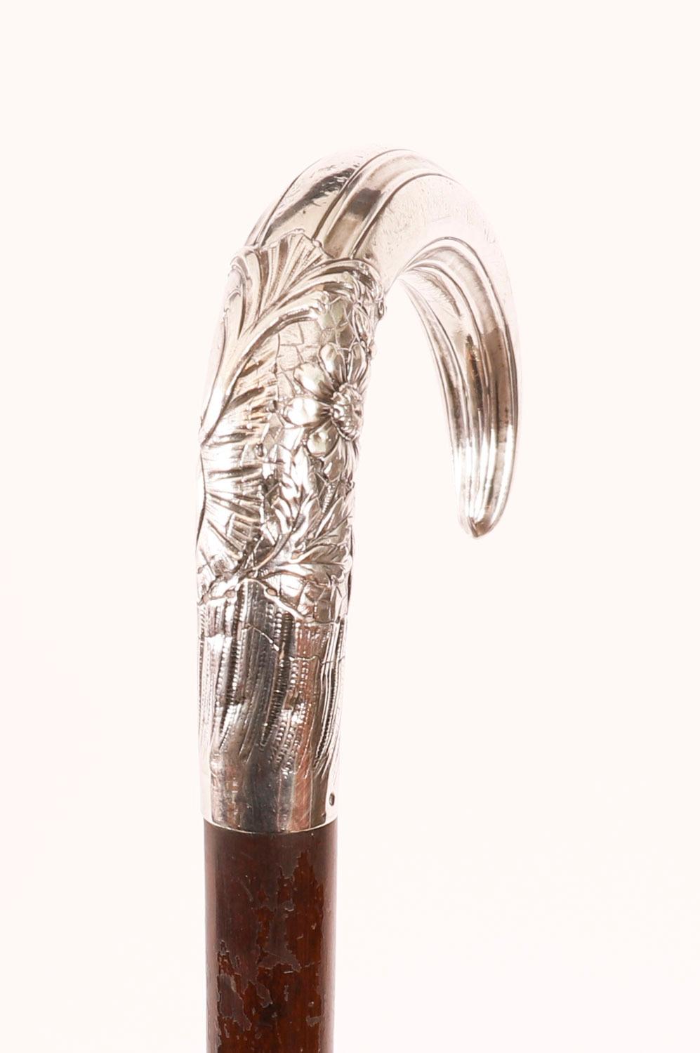 Antique French Art Nouveau Silver Topped Walking Cane Stick C1900 90cm 35.5 inch en vente 1