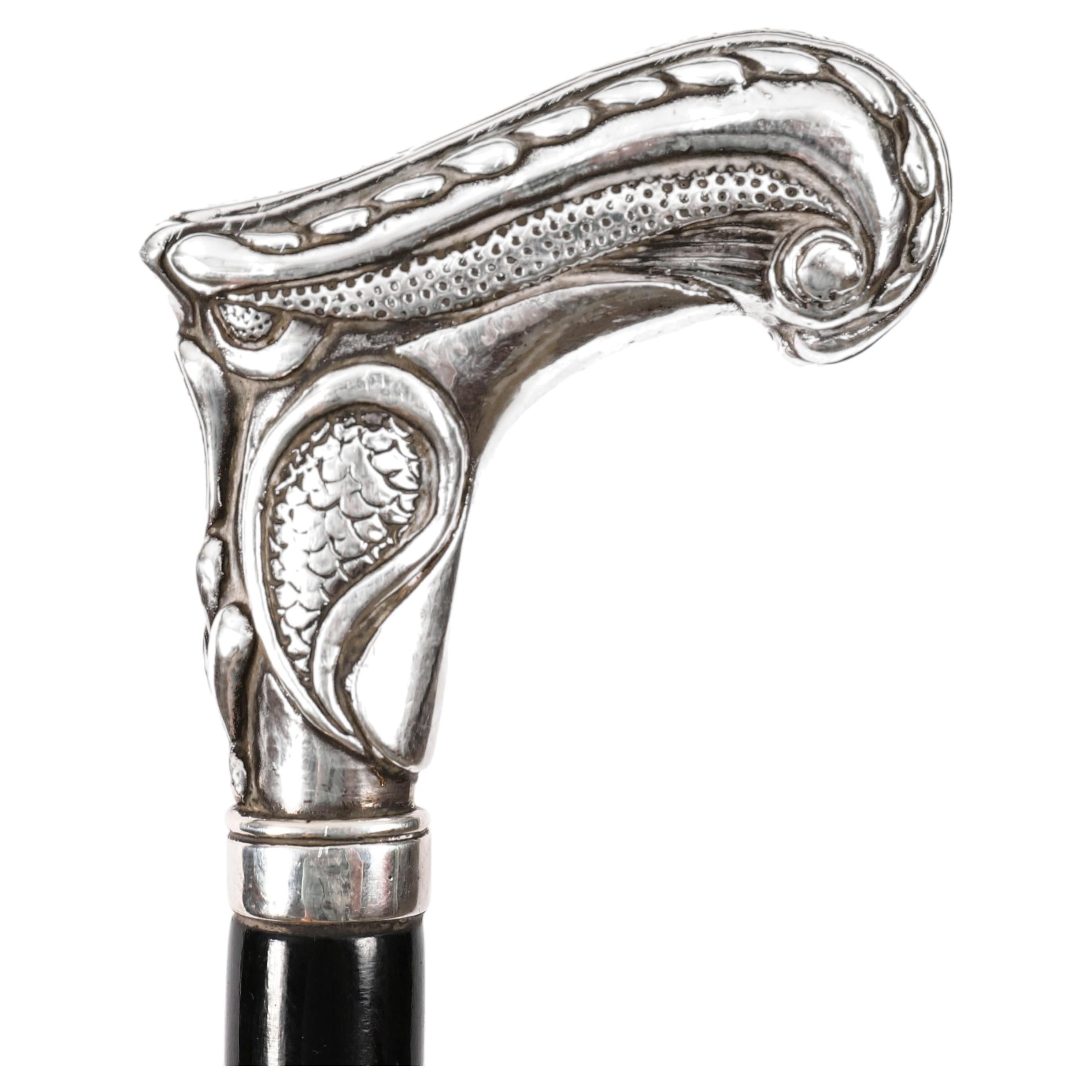 Antique French Art Nouveau Silver Walking Cane Stick 19th Century