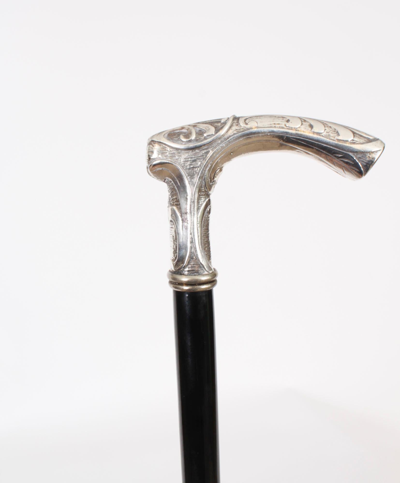 Antique French Art Nouveau Silver Walking Stick Cane C1890 In Good Condition In London, GB