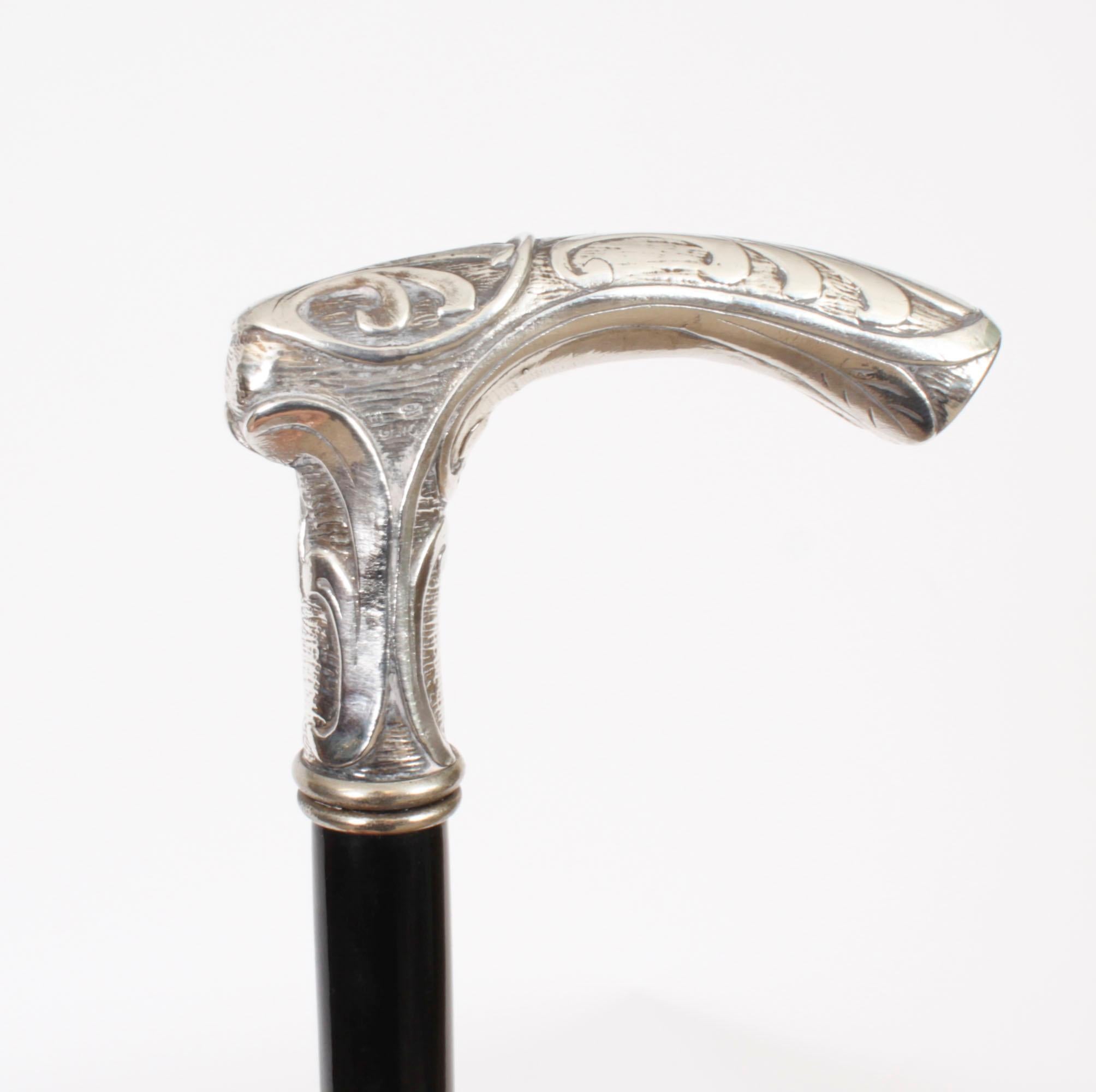 Late 19th Century Antique French Art Nouveau Silver Walking Stick Cane C1890