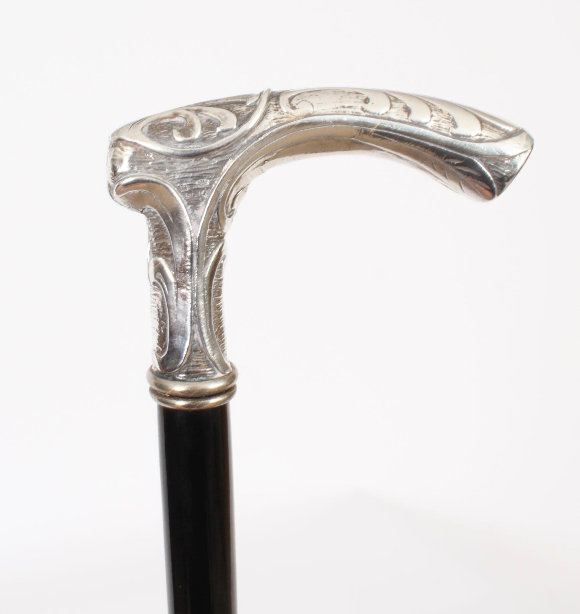 Antique French Art Nouveau Silver Walking Stick Cane C1890 3