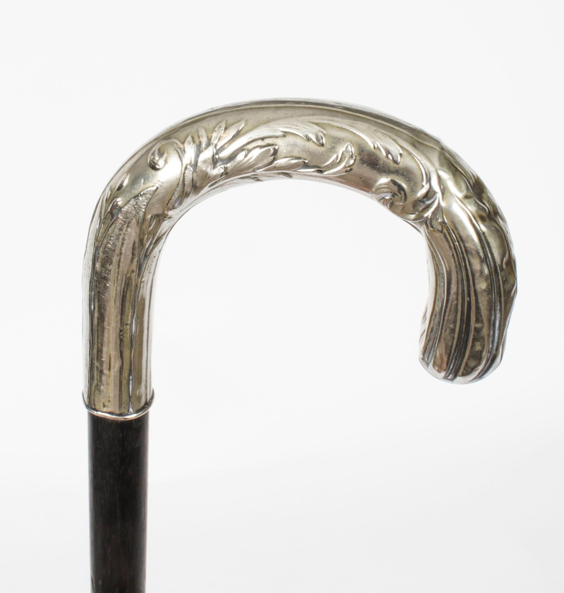 Antique French Art Nouveau Siver Handled Walking Stick Cane 19thC 75cm/29.5 inch In Good Condition In London, GB