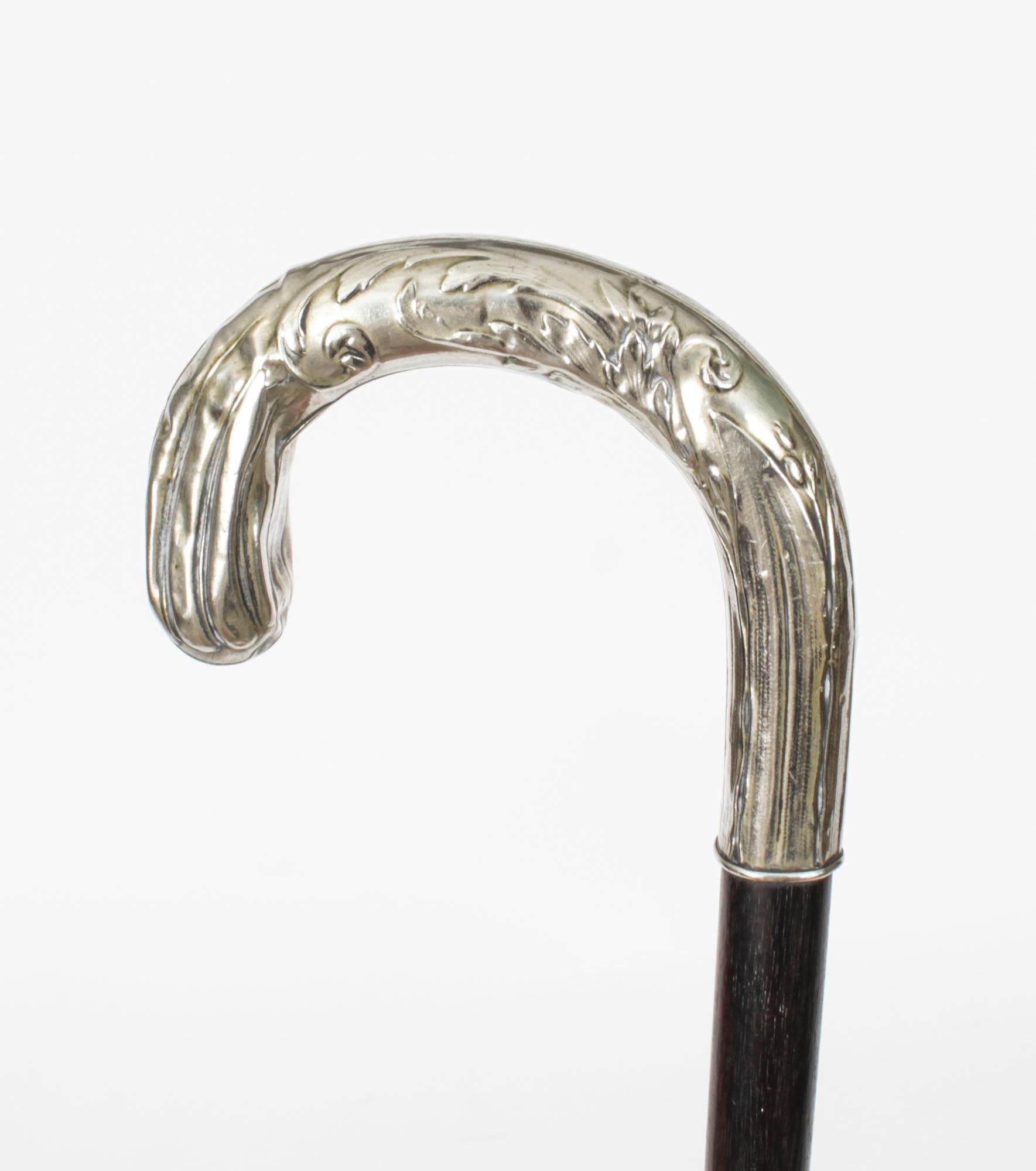 Late 19th Century Antique French Art Nouveau Siver Handled Walking Stick Cane 19thC 75cm/29.5 inch