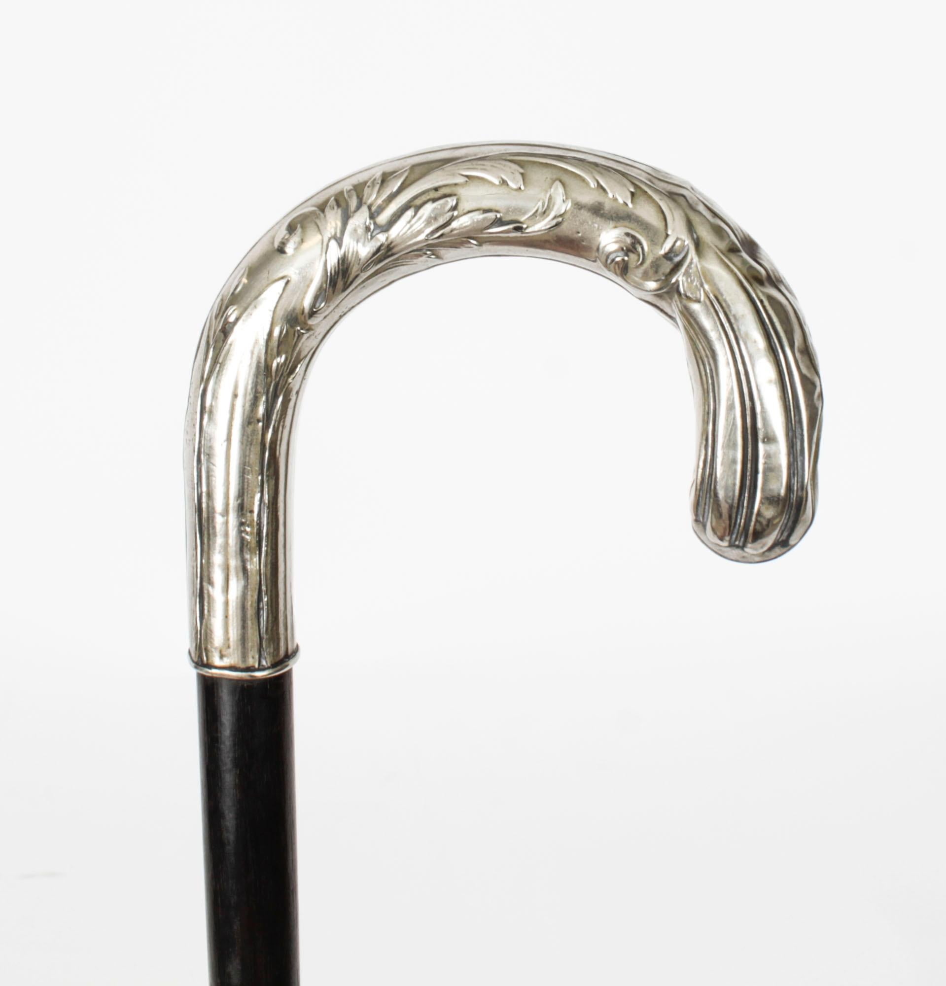 Silver Antique French Art Nouveau Siver Handled Walking Stick Cane 19thC 75cm/29.5 inch