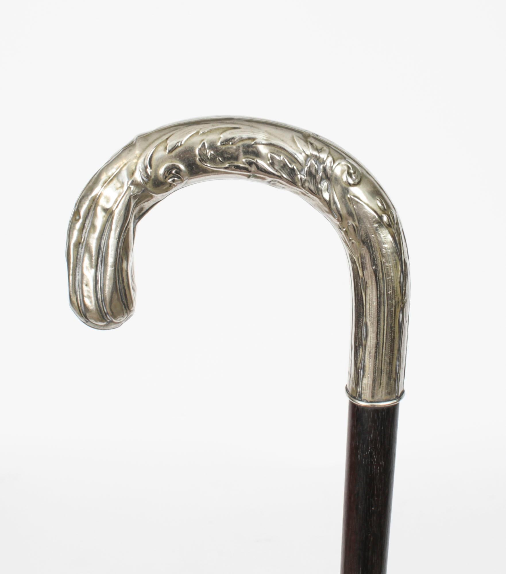 Antique French Art Nouveau Siver Handled Walking Stick Cane 19thC 75cm/29.5 inch 1