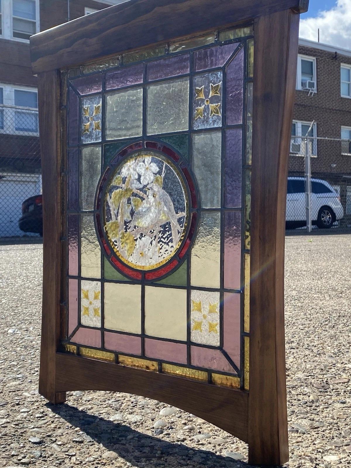 Antique French Art Nouveau Stained Leaded Glass Windows with Birds in More Recent Wooden Frames - a Pair. Circa Early 20th Century. Measurements: 30