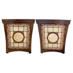 Antique French Art Nouveau Stained Leaded Glass Windows with Birds - a Pair