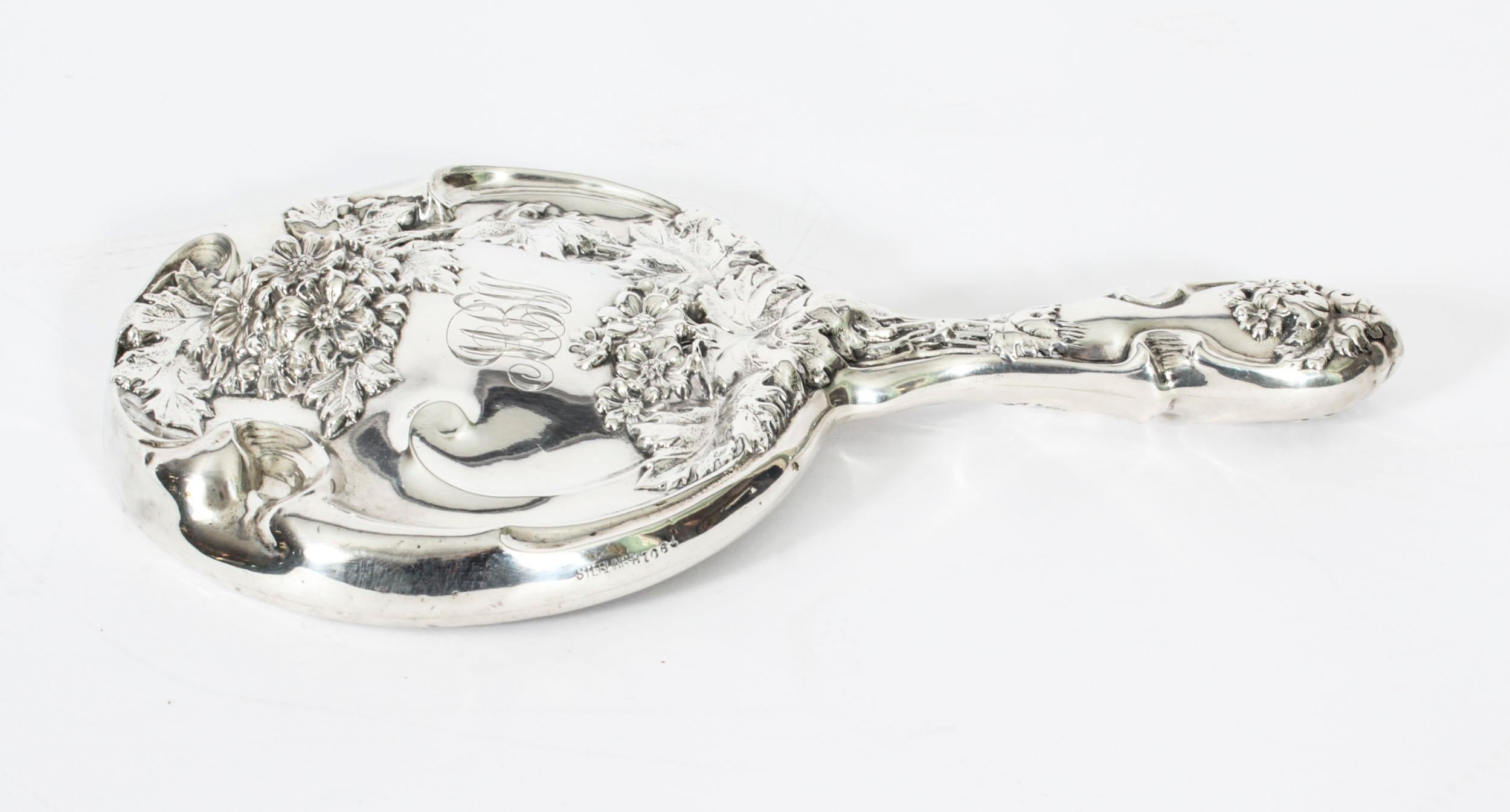 Antique French Art Nouveau Sterling Silver Hand Mirror 19th Century 12