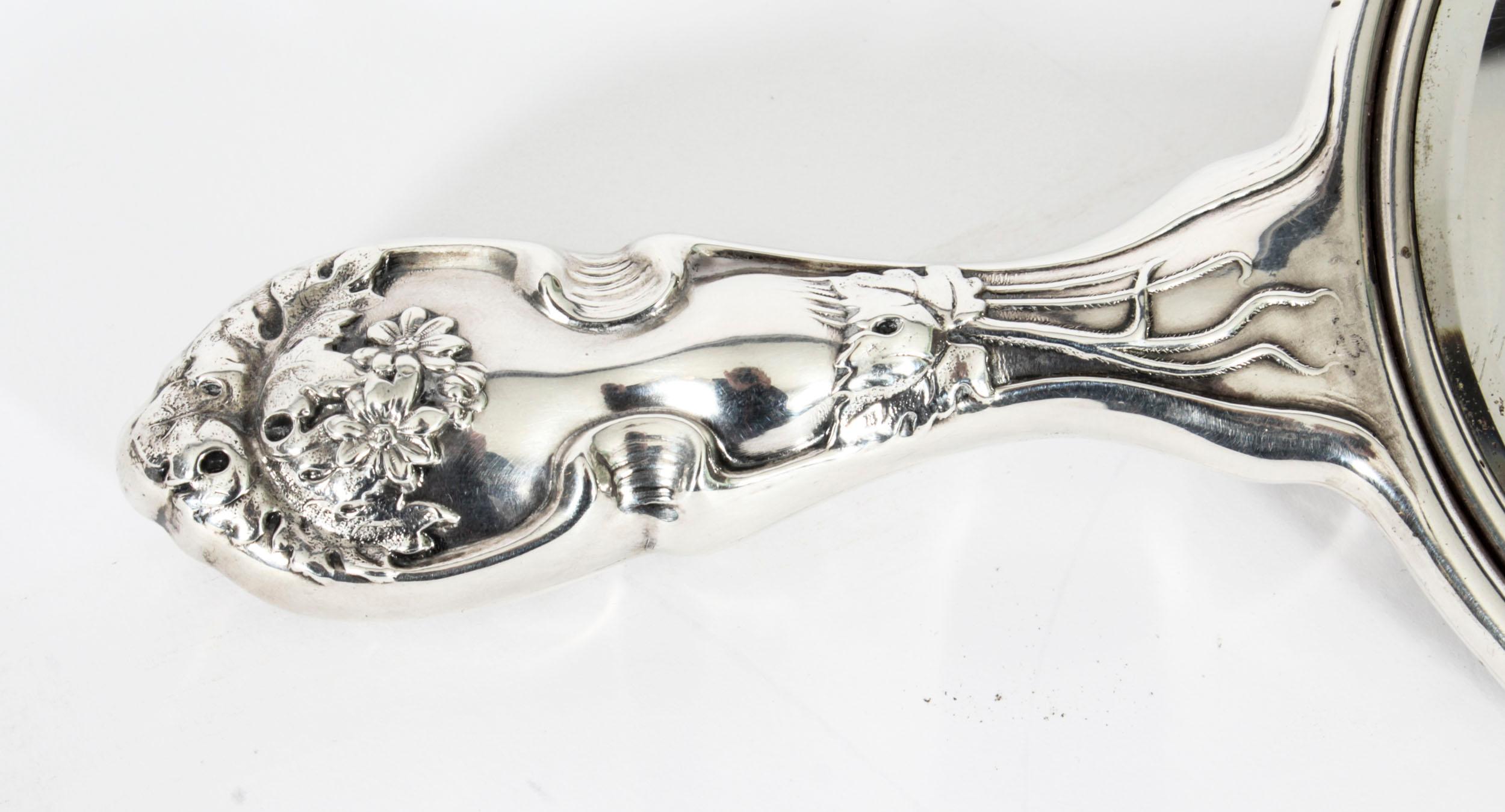 Antique French Art Nouveau Sterling Silver Hand Mirror 19th Century In Good Condition In London, GB