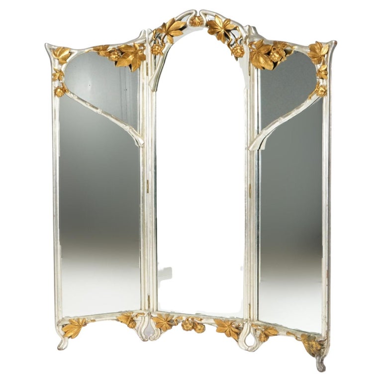 Ancien Miroir De Coiffeuse Français Art Nouveau à Trois Panneaux En Bois Dor%c3%a9 Circa 1920