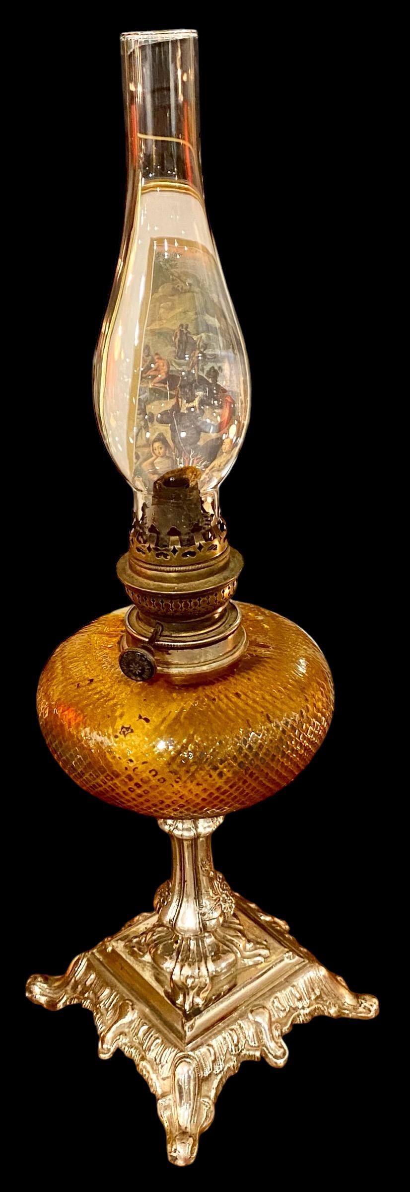 Antique French Art Nouveau Topaz Cut Glass Oil Lamp 4