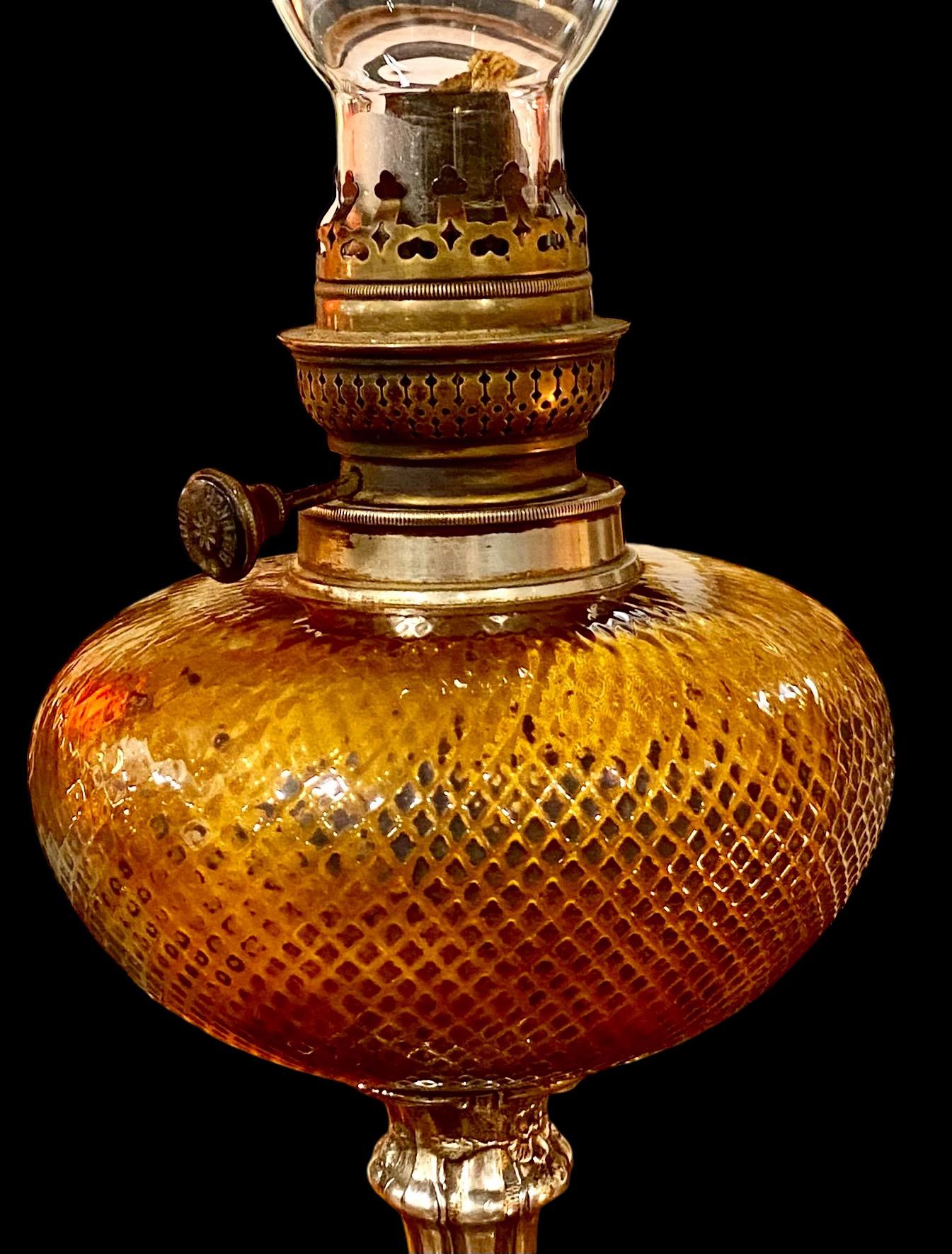 Antique French Art Nouveau Topaz Cut Glass Oil Lamp 5