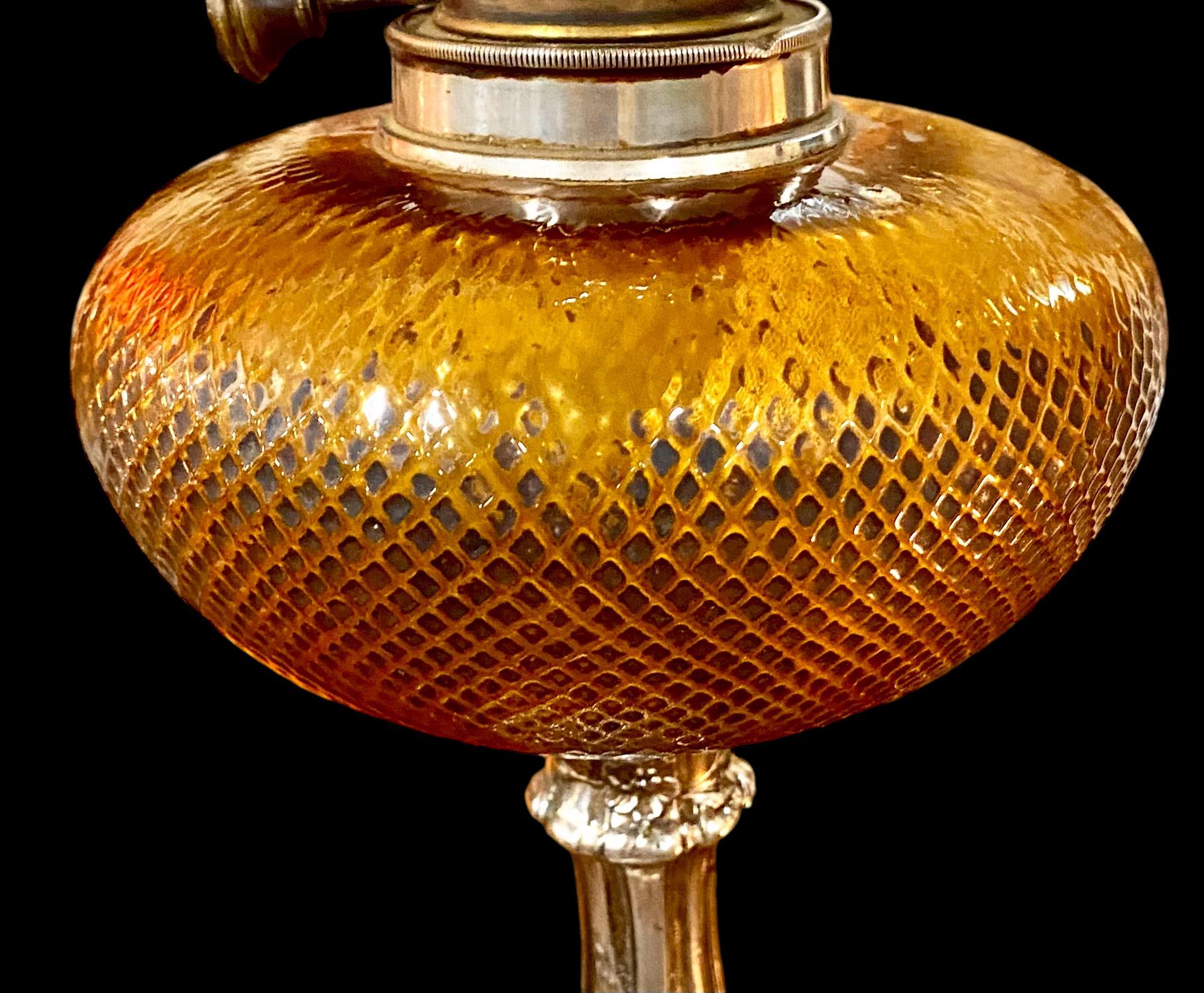 Antique French Art Nouveau Topaz Cut Glass Oil Lamp 6