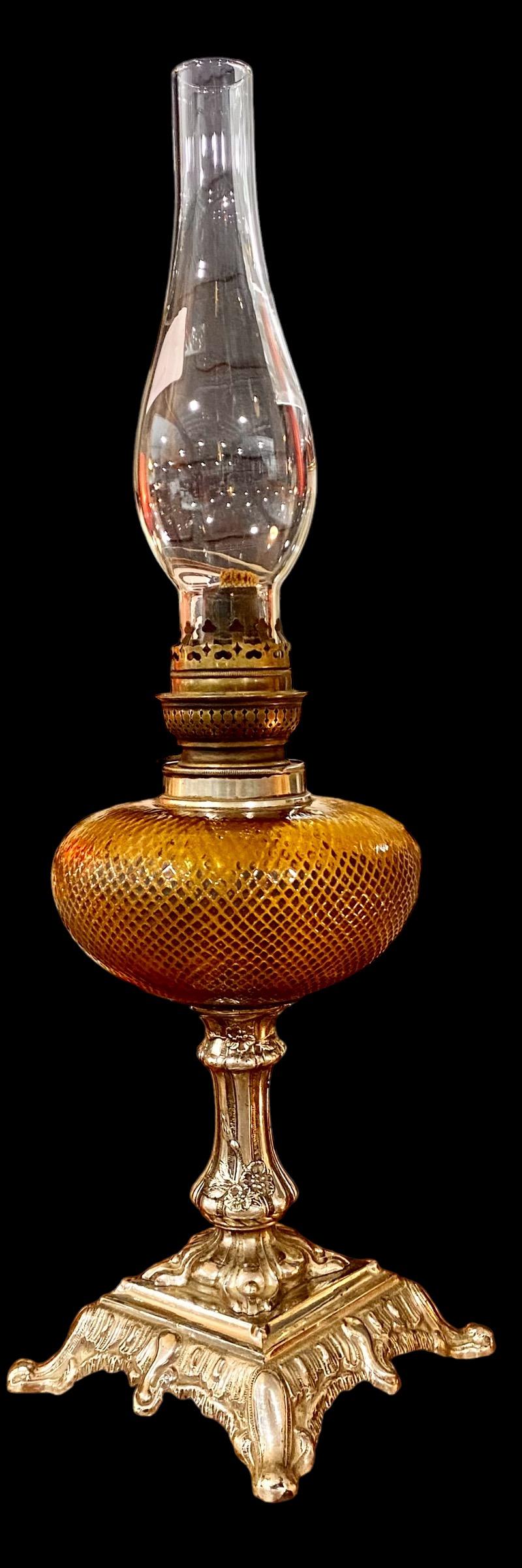 Antique French Art Nouveau Topaz Cut Glass Oil Lamp 8