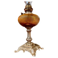 Ancienne lampe à huile en verre taillé Topaze Art Nouveau français