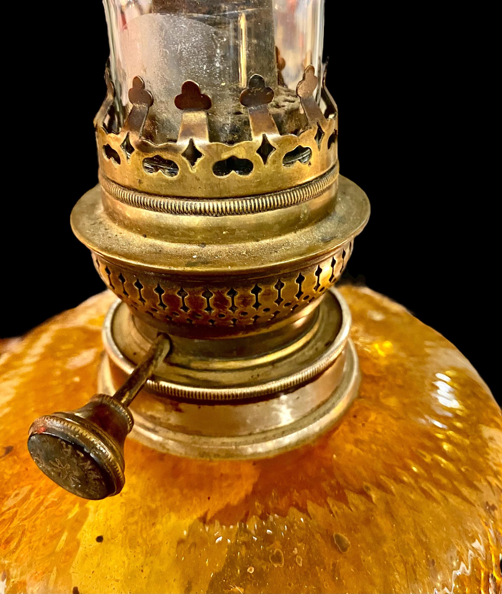 Embossed Antique French Art Nouveau Topaz Cut Glass Oil Lamp