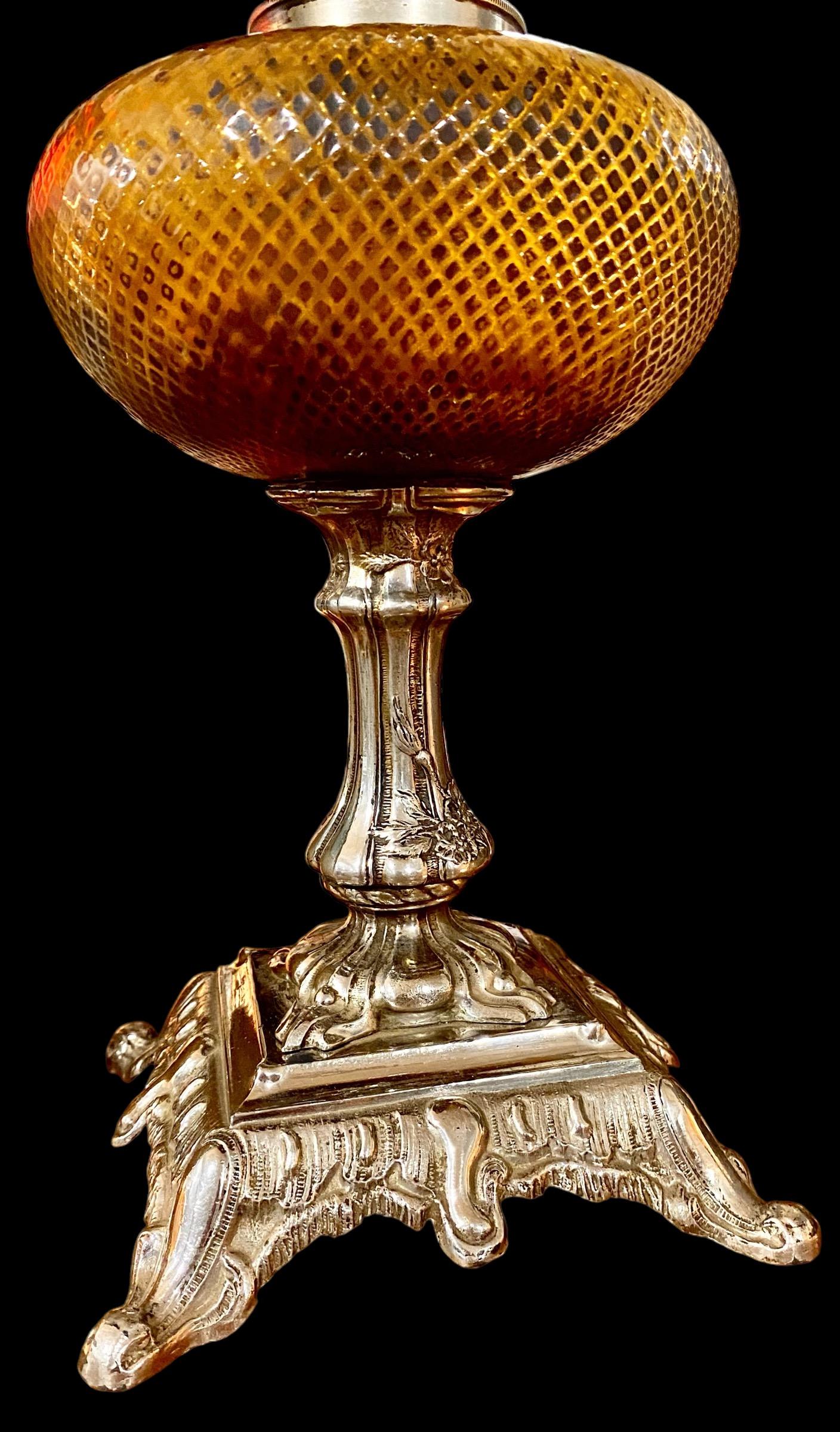 Late 19th Century Antique French Art Nouveau Topaz Cut Glass Oil Lamp