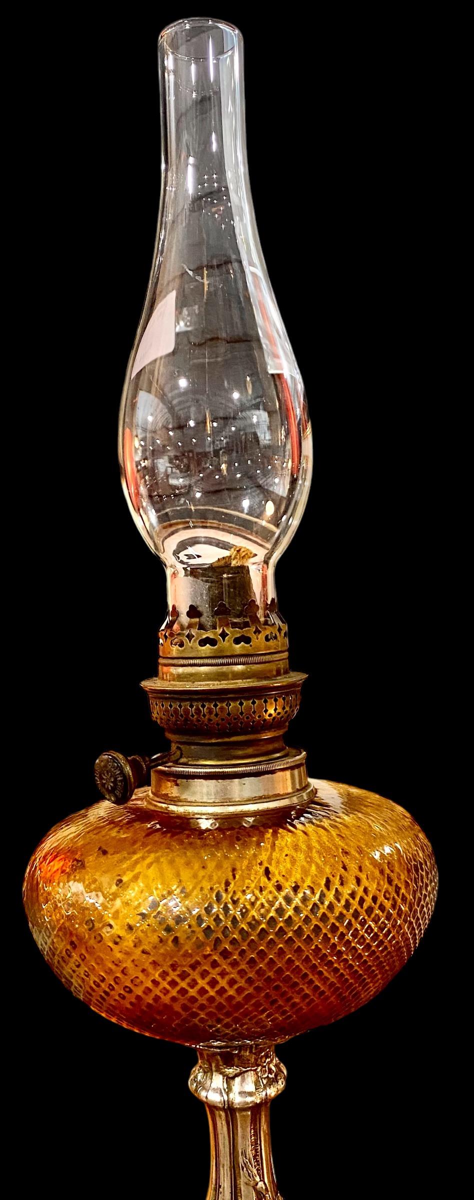 Blown Glass Antique French Art Nouveau Topaz Cut Glass Oil Lamp