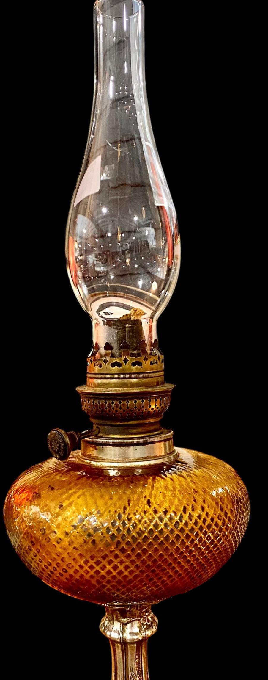 Antique French Art Nouveau Topaz Cut Glass Oil Lamp 2