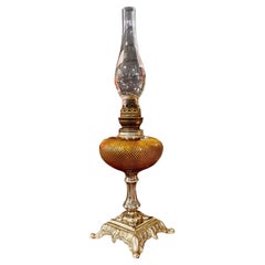 Antique French Art Nouveau Topaz Cut Glass Oil Lamp