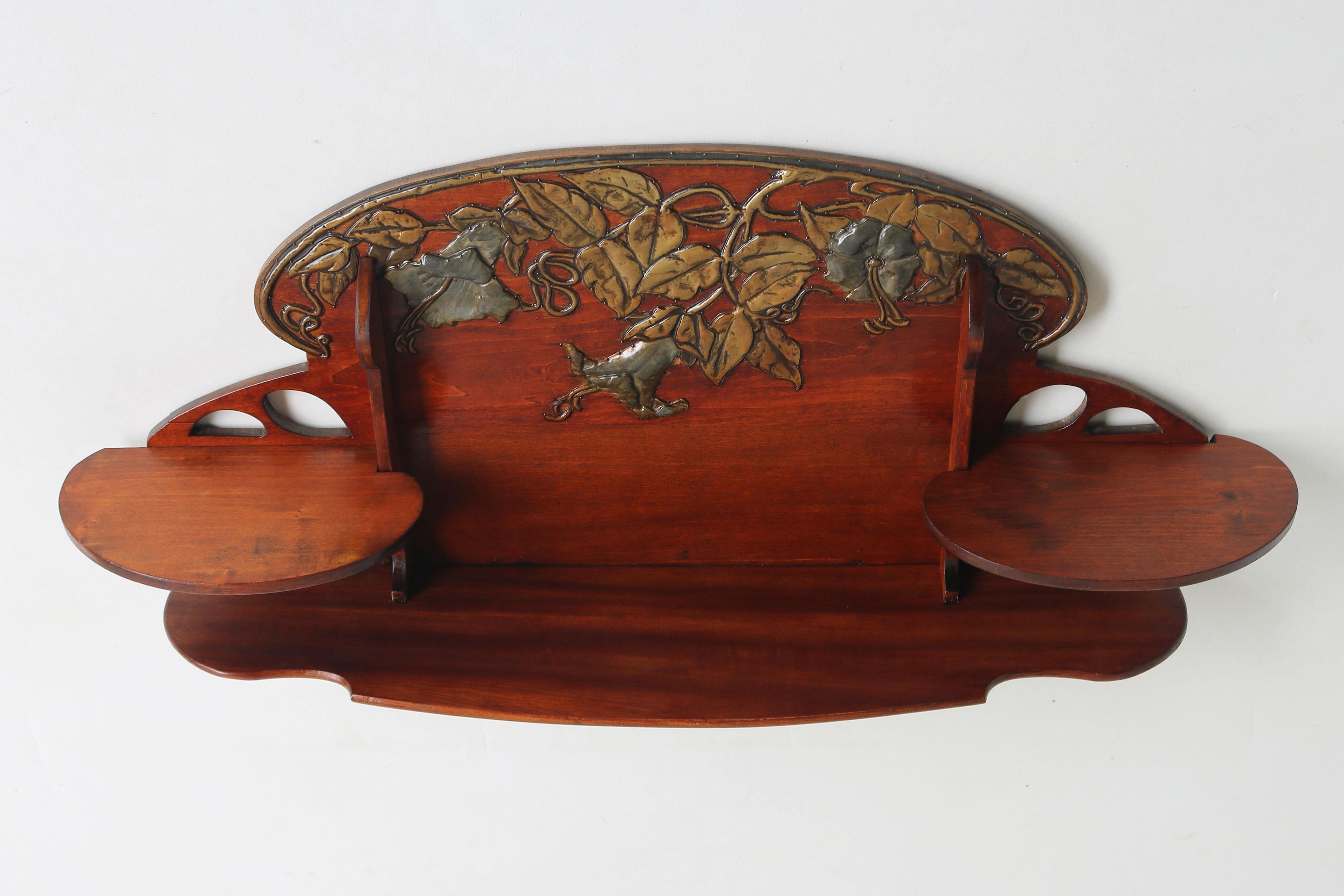 Antique French Art Nouveau wall shelf 1900 hammered brass floral Cherry wood 4