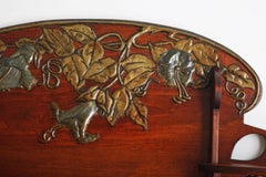 Antique French Art Nouveau wall shelf 1900 hammered brass floral Cherry wood