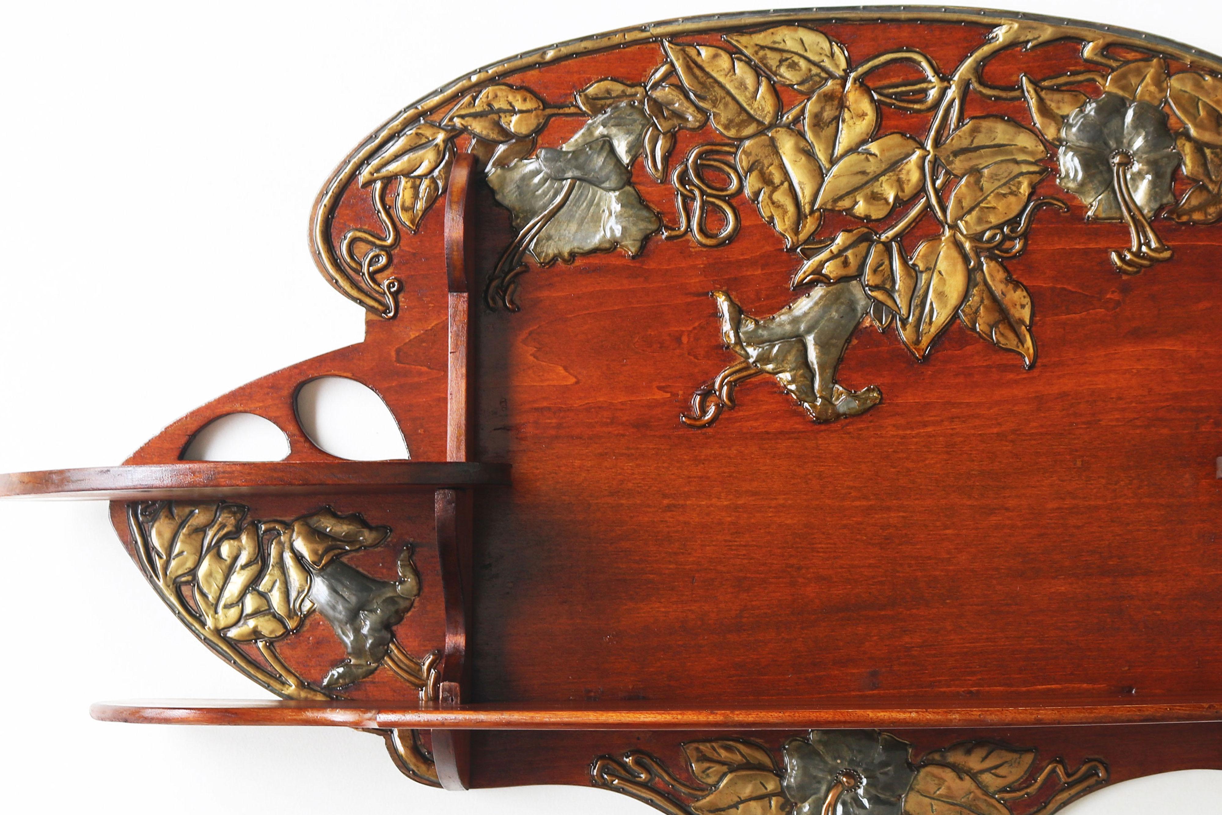 Hand-Carved Antique French Art Nouveau wall shelf 1900 hammered brass floral Cherry wood