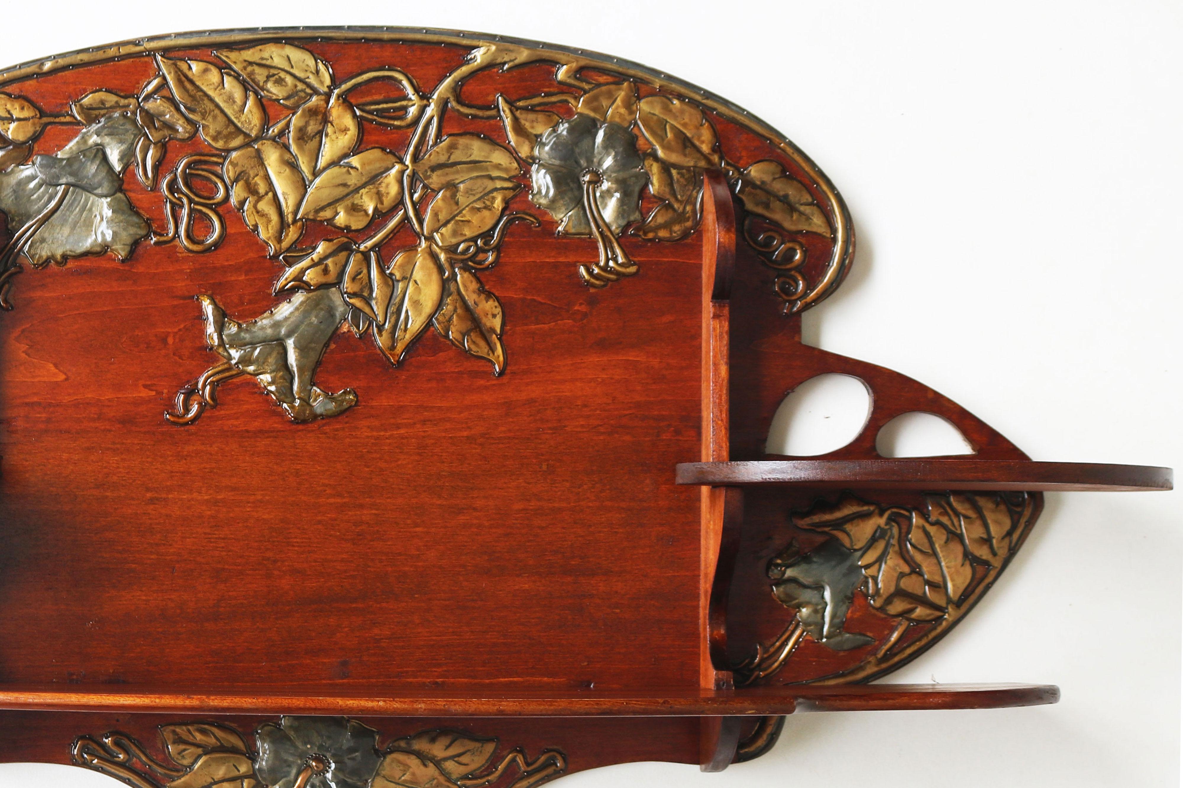 Early 20th Century Antique French Art Nouveau wall shelf 1900 hammered brass floral Cherry wood