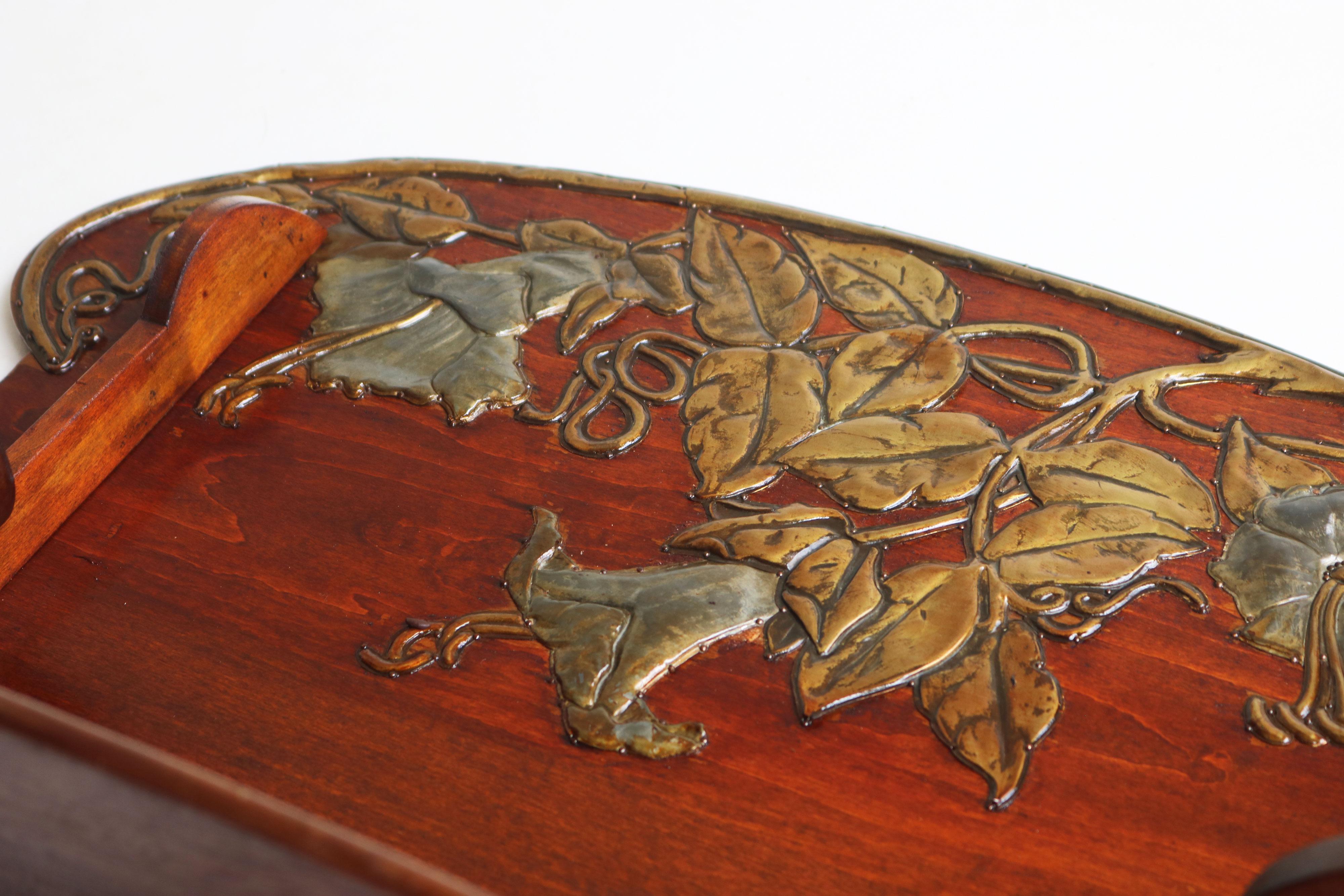 Brass Antique French Art Nouveau wall shelf 1900 hammered brass floral Cherry wood