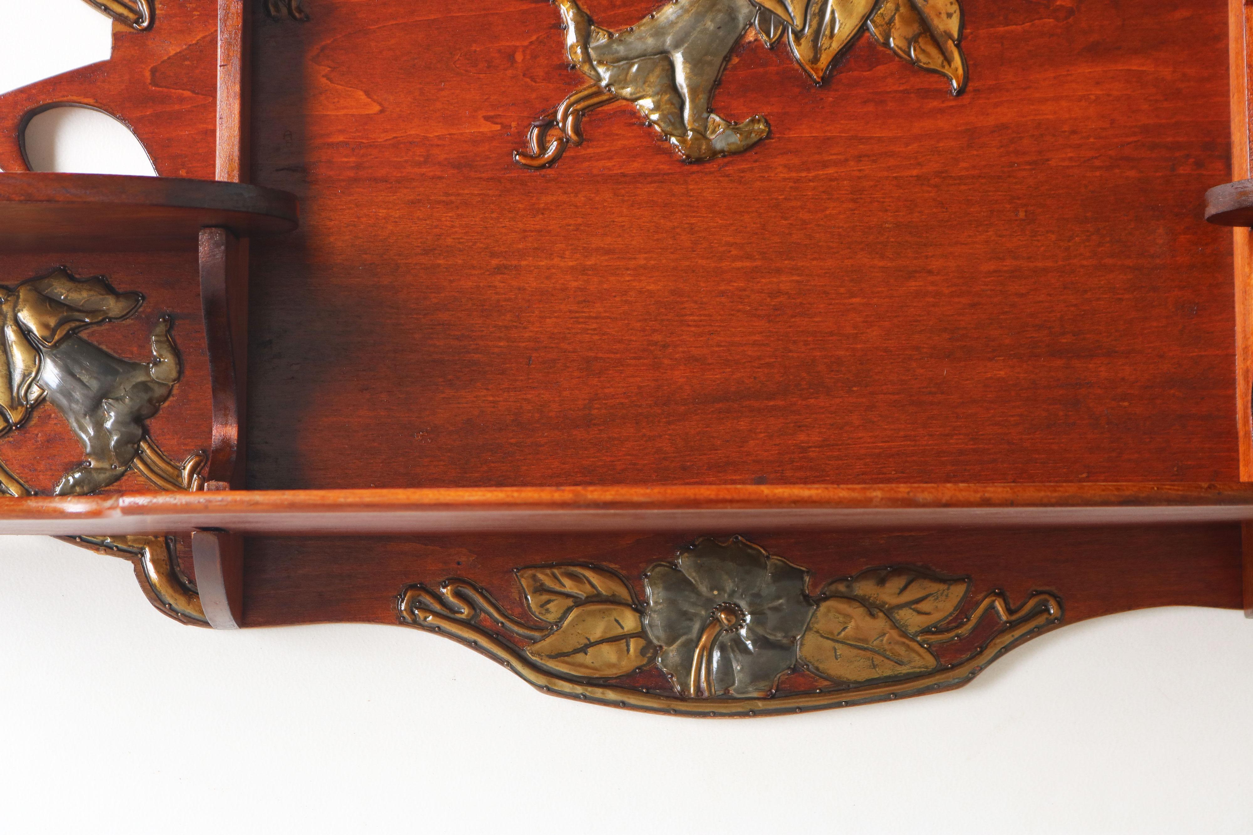 Antique French Art Nouveau wall shelf 1900 hammered brass floral Cherry wood 1