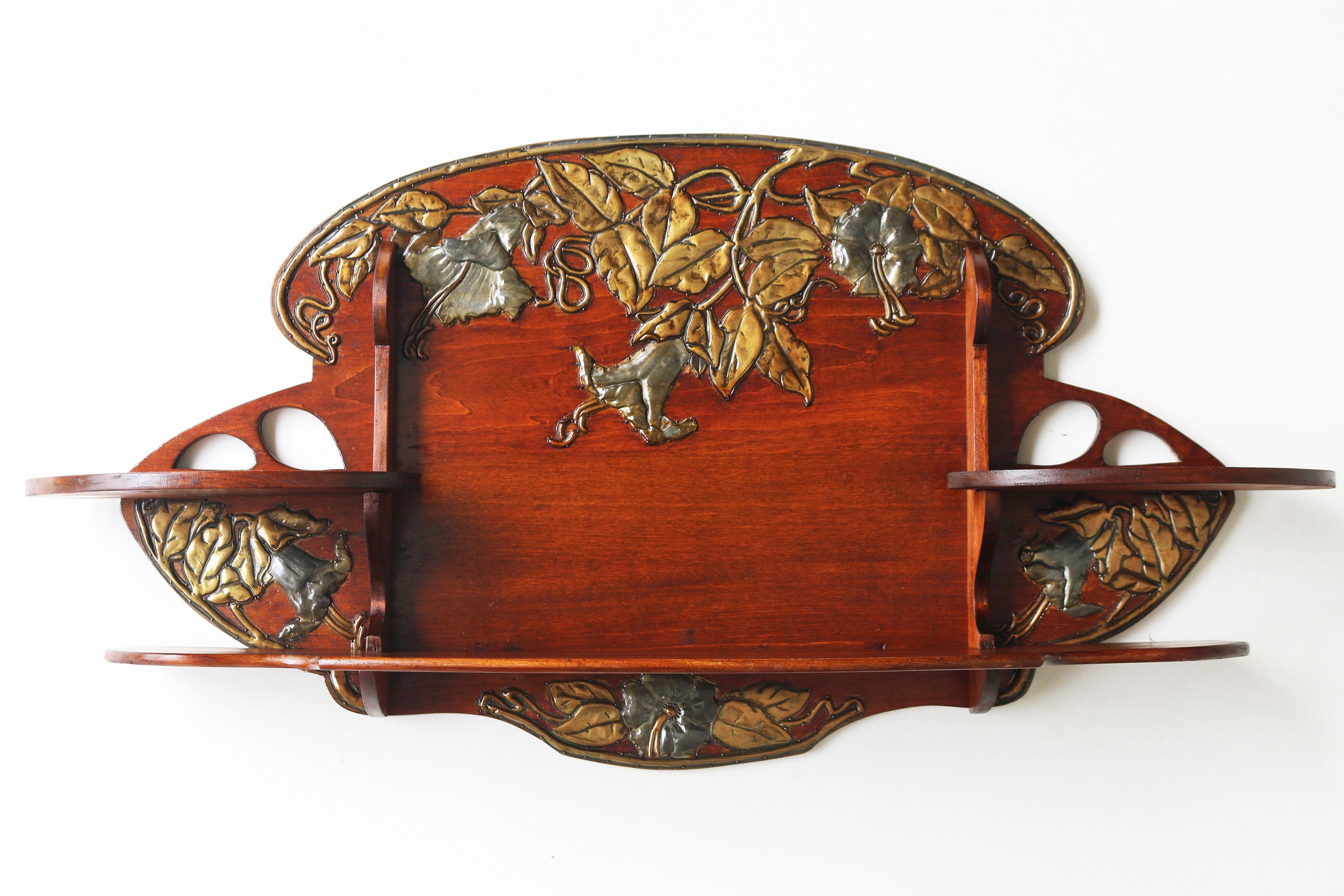 Antique French Art Nouveau wall shelf 1900 hammered brass floral Cherry wood 3