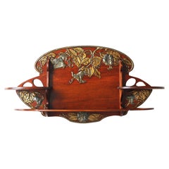 Antique French Art Nouveau wall shelf 1900 hammered brass floral Cherry wood