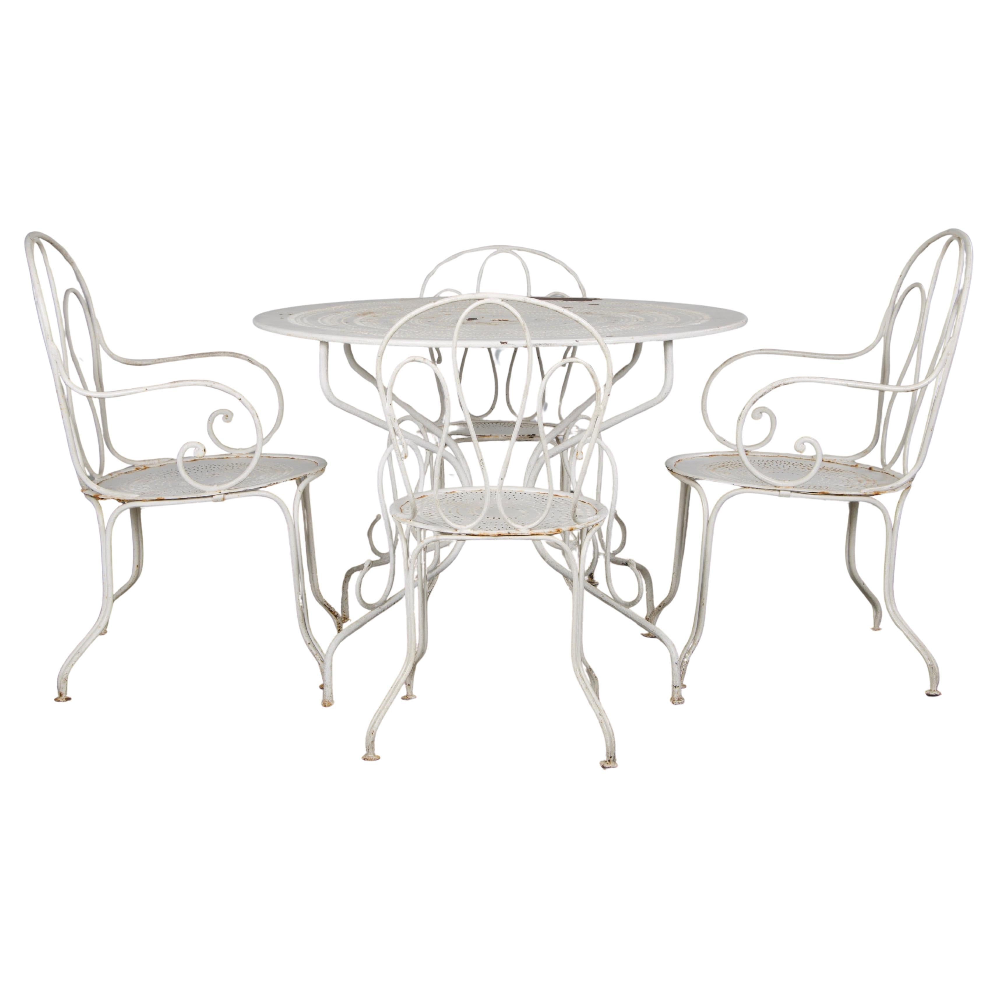 Antique French Art Nouveau Bianco Ferro Battuto Dipinto Set da Giardino