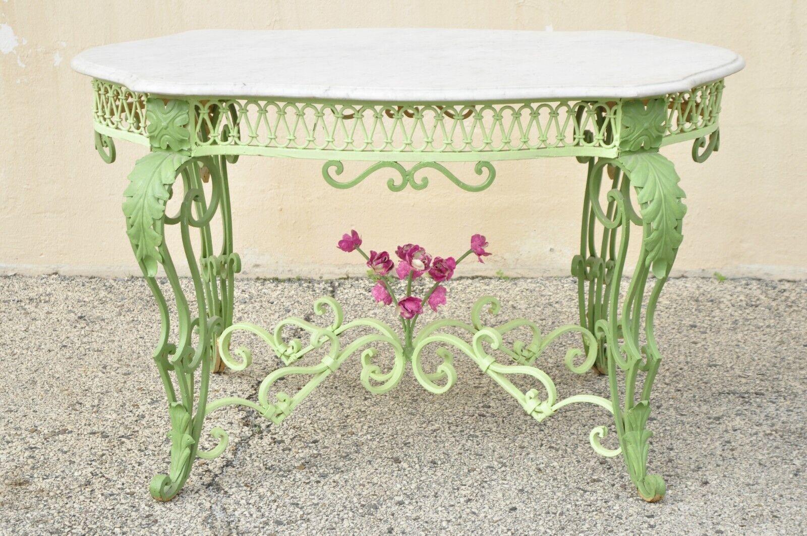 Ancienne table centrale console Art Nouveau française en fer forgé avec plateau en marbre et tortue en vente 1