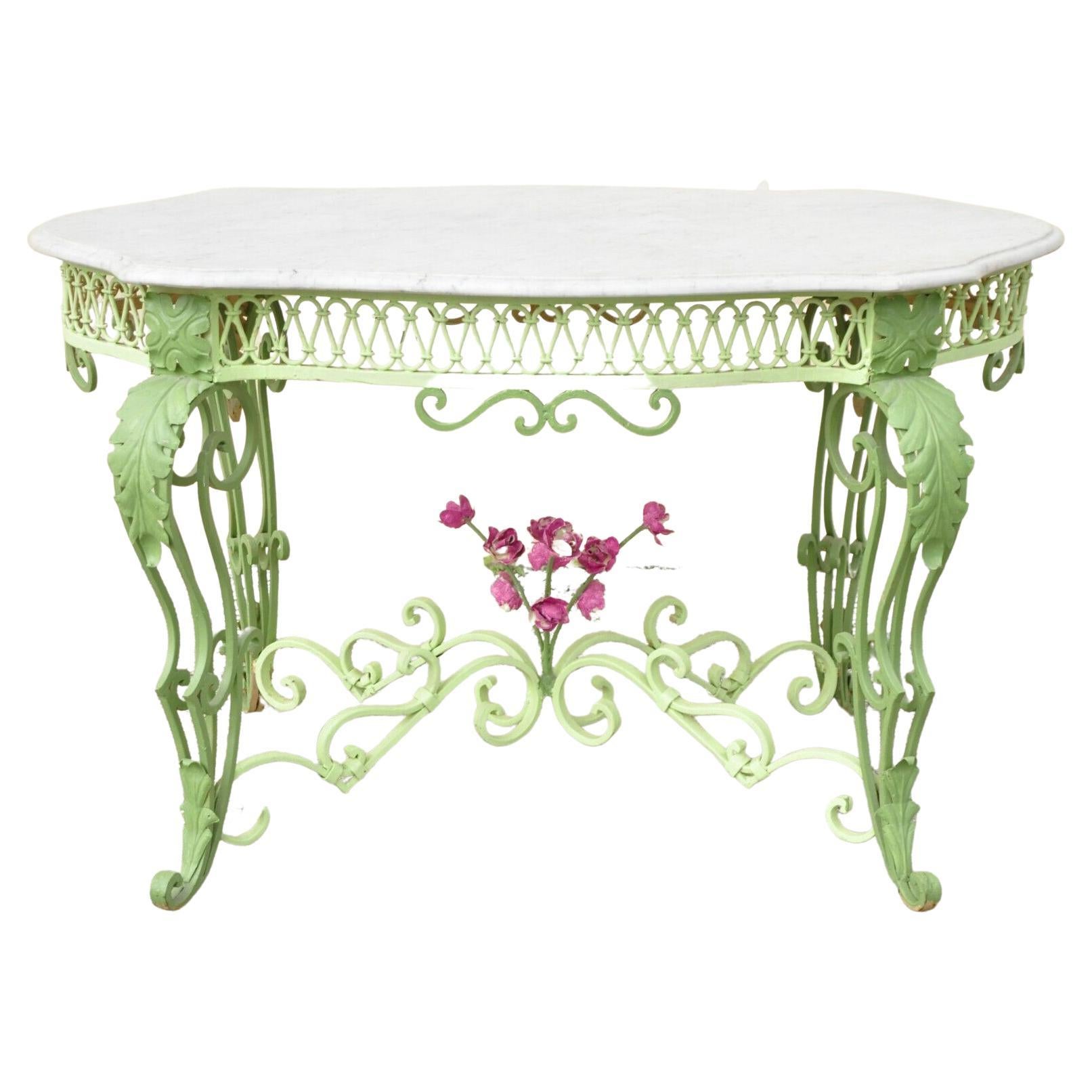 Ancienne table centrale console Art Nouveau française en fer forgé avec plateau en marbre et tortue