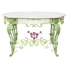 Antique French Art Nouveau Mesa de centro consola con tapa de tortuga de mármol y hierro forjado