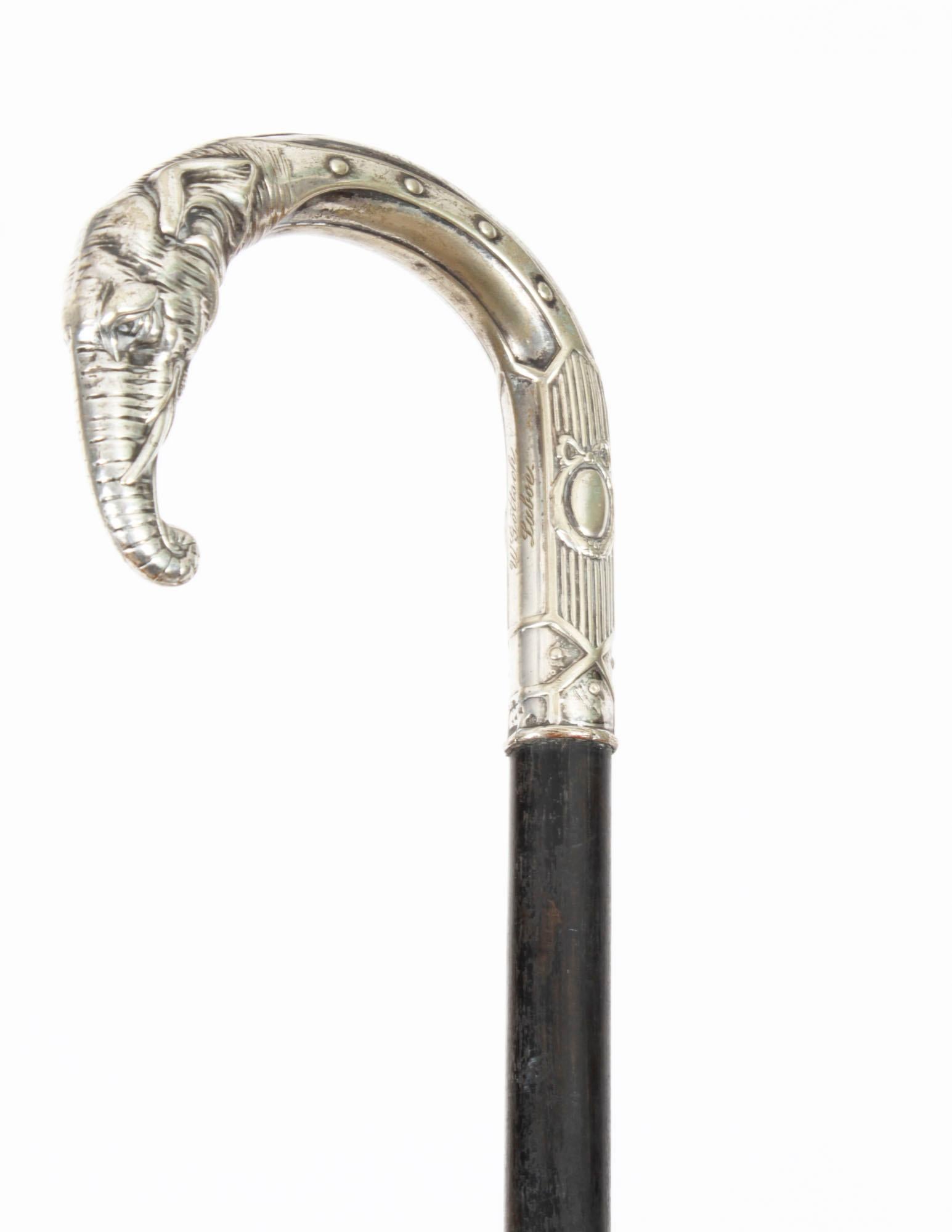 A decorative French walking stick with a stunning silver handle cast in the form of a stylised elephant head, Circa 1890 in date.
 
It has a very decorative silver handle decorated with foliate ornamentation which is cast with great attention to